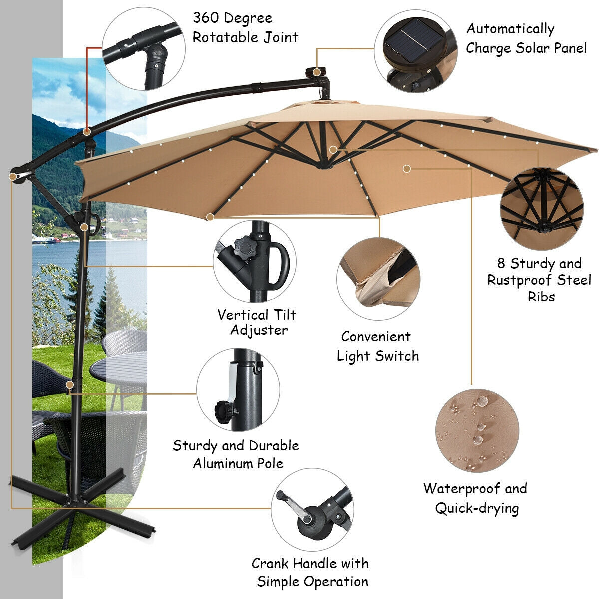 10 ft 360° Rotation Solar Powered LED Patio Offset Umbrella without Weight Base-Beige Kids Crystal