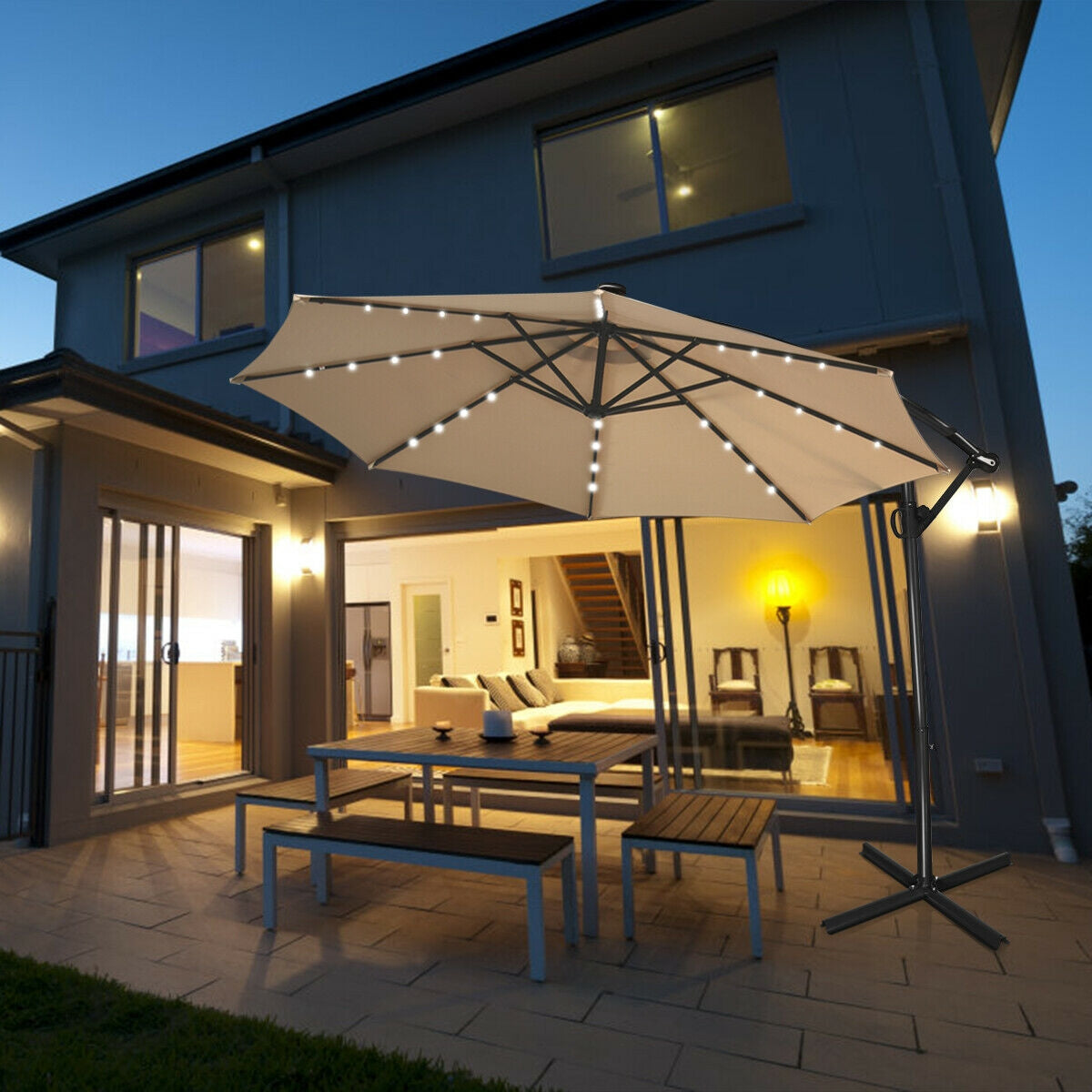 10 ft 360° Rotation Solar Powered LED Patio Offset Umbrella without Weight Base-Beige Kids Crystal