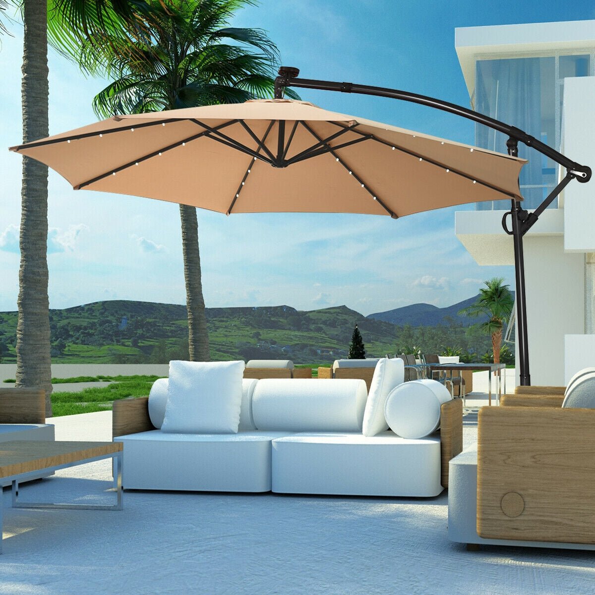 10 ft 360° Rotation Solar Powered LED Patio Offset Umbrella without Weight Base-Beige Kids Crystal