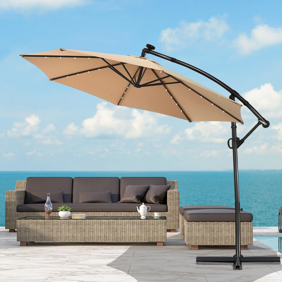 10 ft 360° Rotation Solar Powered LED Patio Offset Umbrella without Weight Base-Beige Kids Crystal