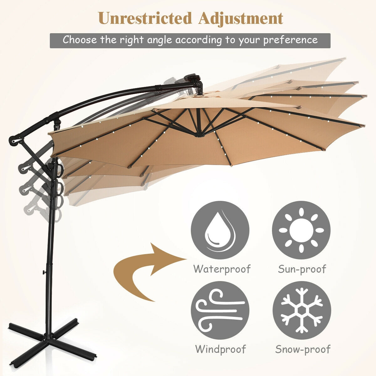 10 ft 360° Rotation Solar Powered LED Patio Offset Umbrella without Weight Base-Beige Kids Crystal