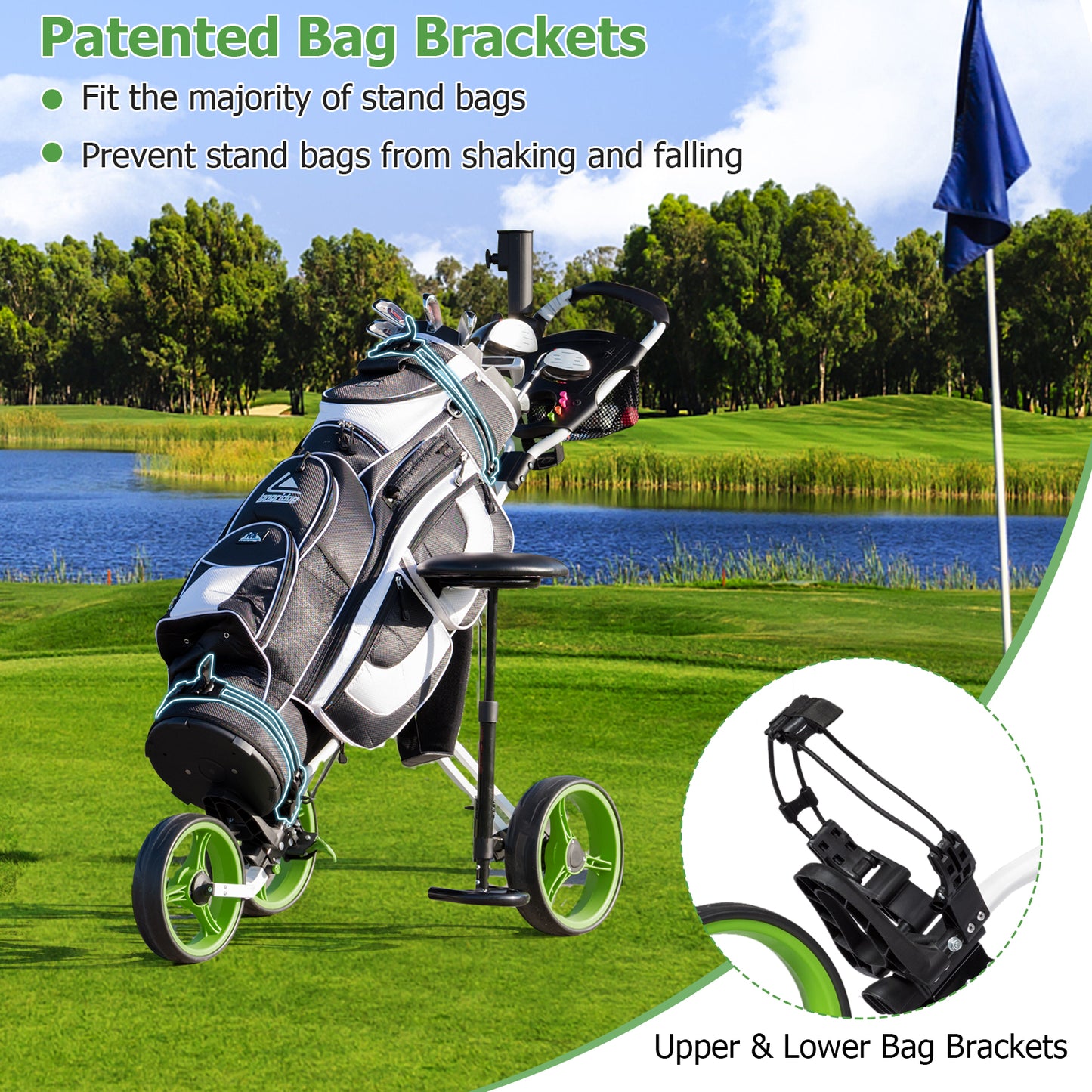 Foldable 3 Wheels Push Pull Golf Trolley with Scoreboard Bag-Green Kids Crystal