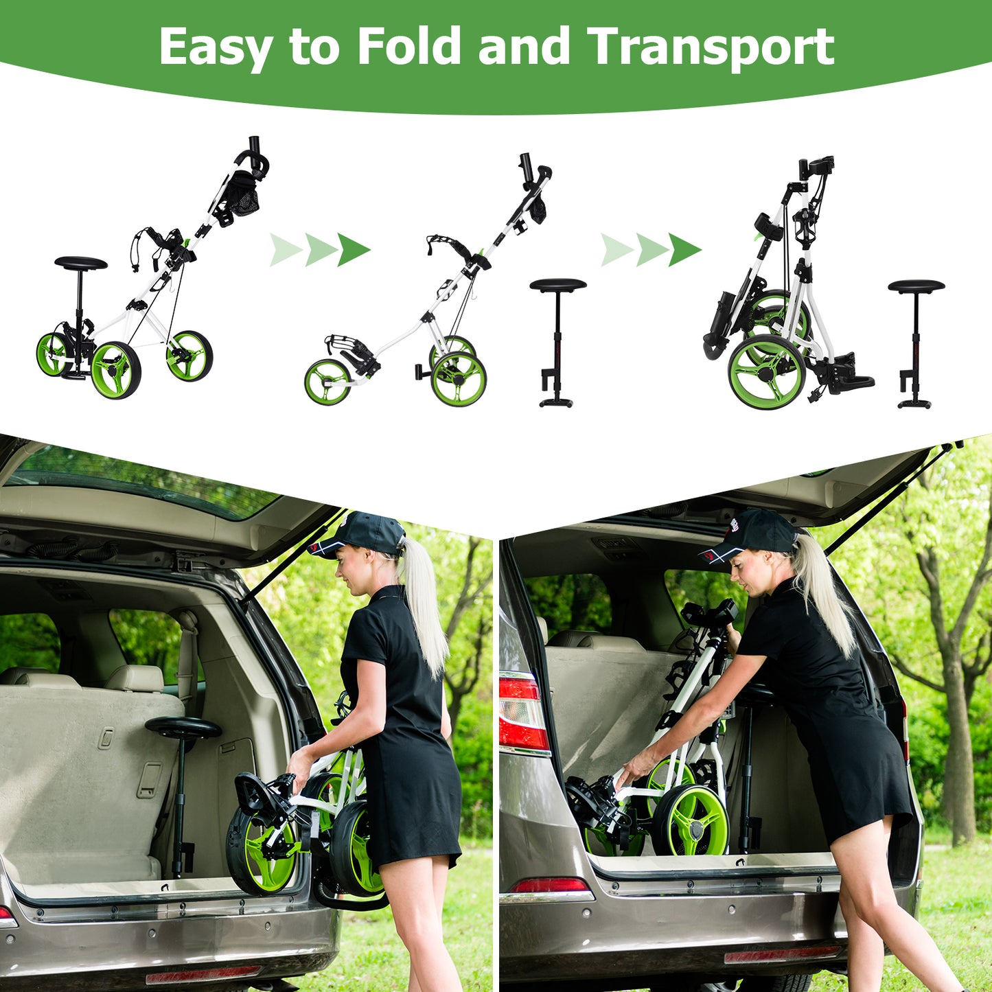 Foldable 3 Wheels Push Pull Golf Trolley with Scoreboard Bag-Green Kids Crystal