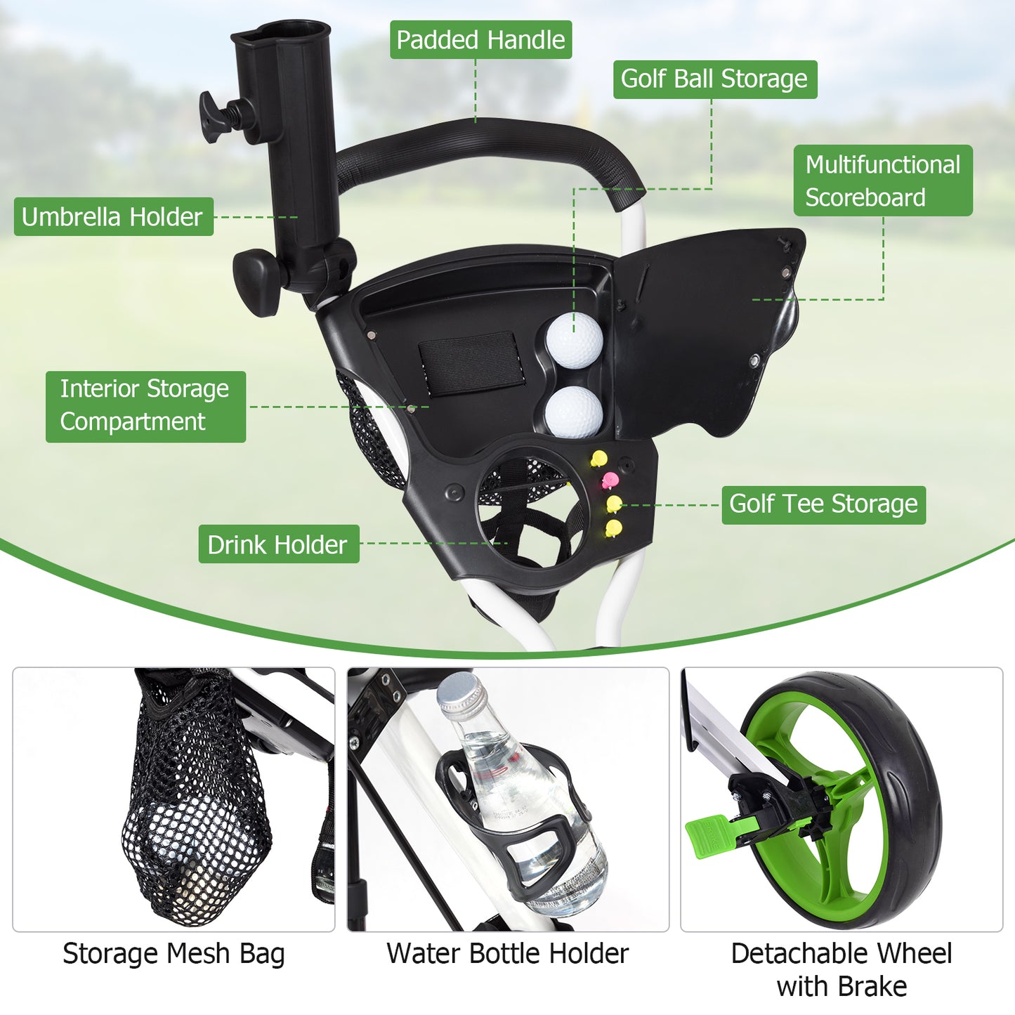 Foldable 3 Wheels Push Pull Golf Trolley with Scoreboard Bag-Green Kids Crystal