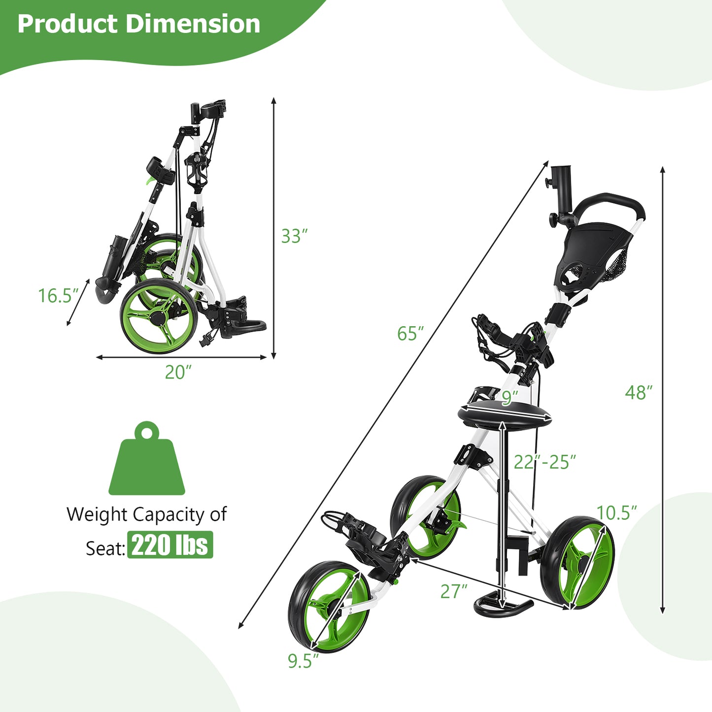 Foldable 3 Wheels Push Pull Golf Trolley with Scoreboard Bag-Green Kids Crystal