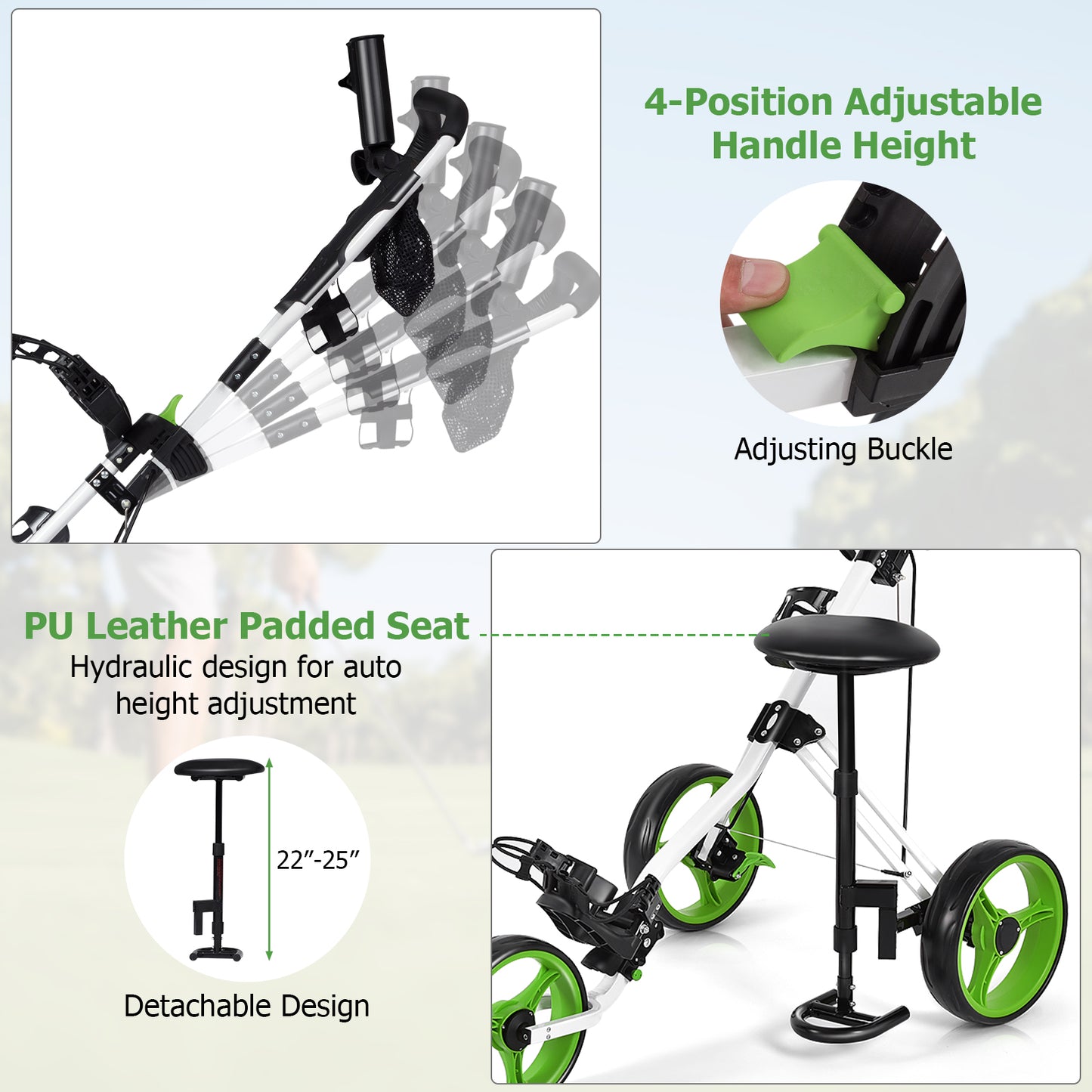 Foldable 3 Wheels Push Pull Golf Trolley with Scoreboard Bag-Green Kids Crystal