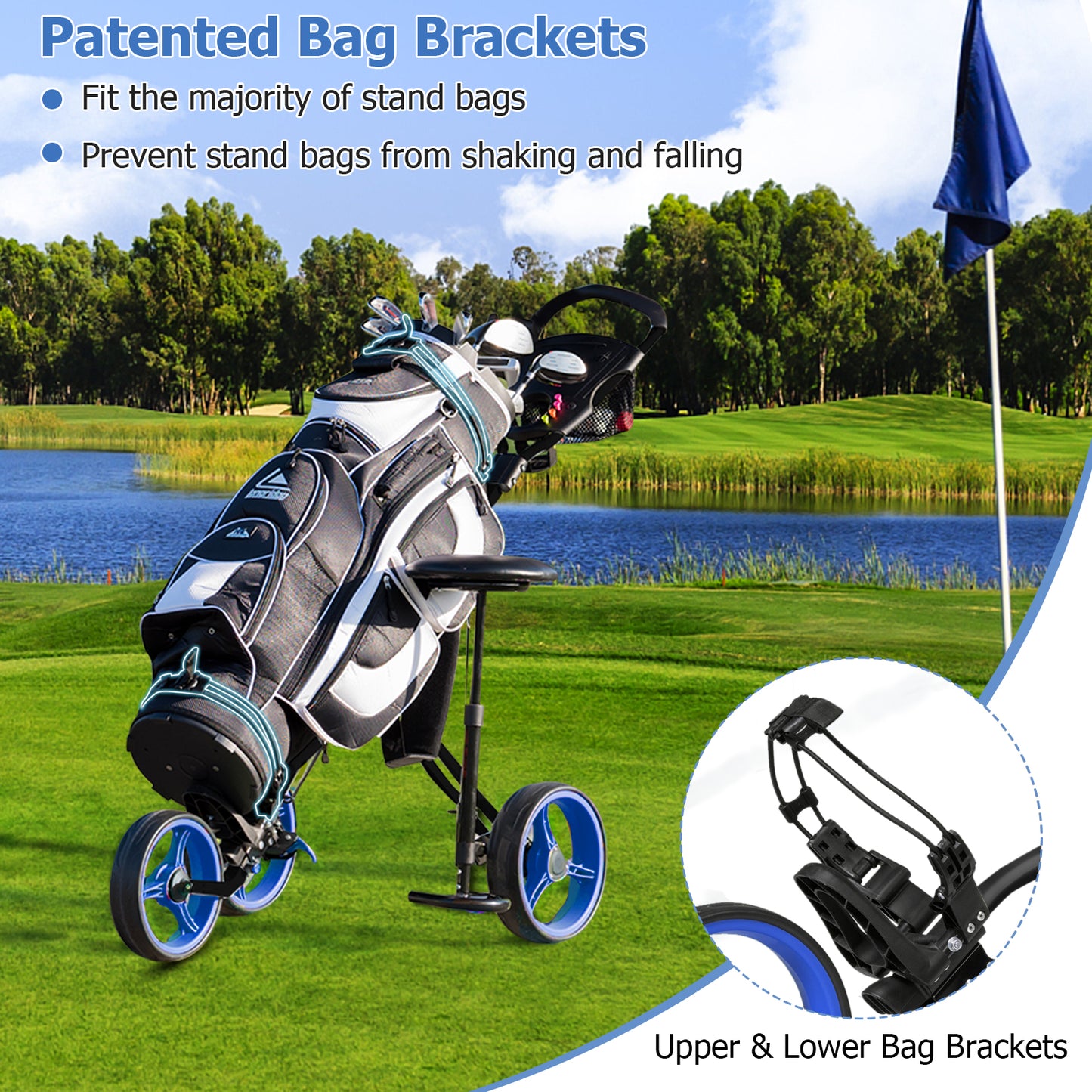 Foldable 3 Wheels Push Pull Golf Trolley with Scoreboard Bag-Navy Kids Crystal