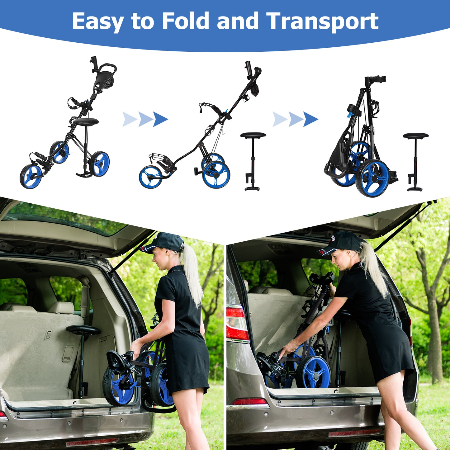 Foldable 3 Wheels Push Pull Golf Trolley with Scoreboard Bag-Navy Kids Crystal