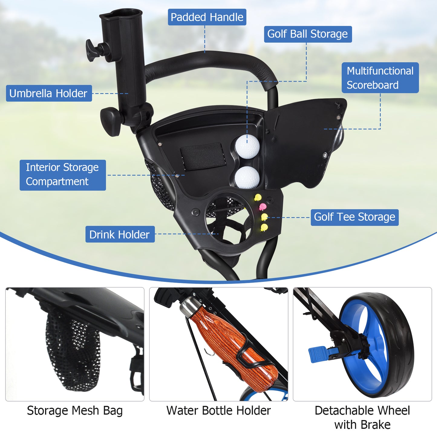 Foldable 3 Wheels Push Pull Golf Trolley with Scoreboard Bag-Navy Kids Crystal