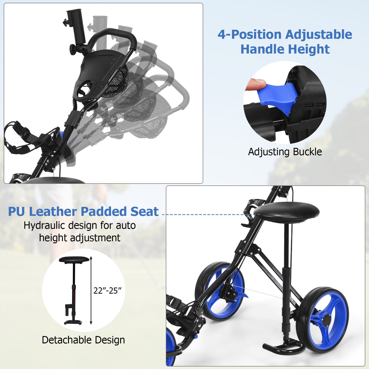 Foldable 3 Wheels Push Pull Golf Trolley with Scoreboard Bag-Navy Kids Crystal