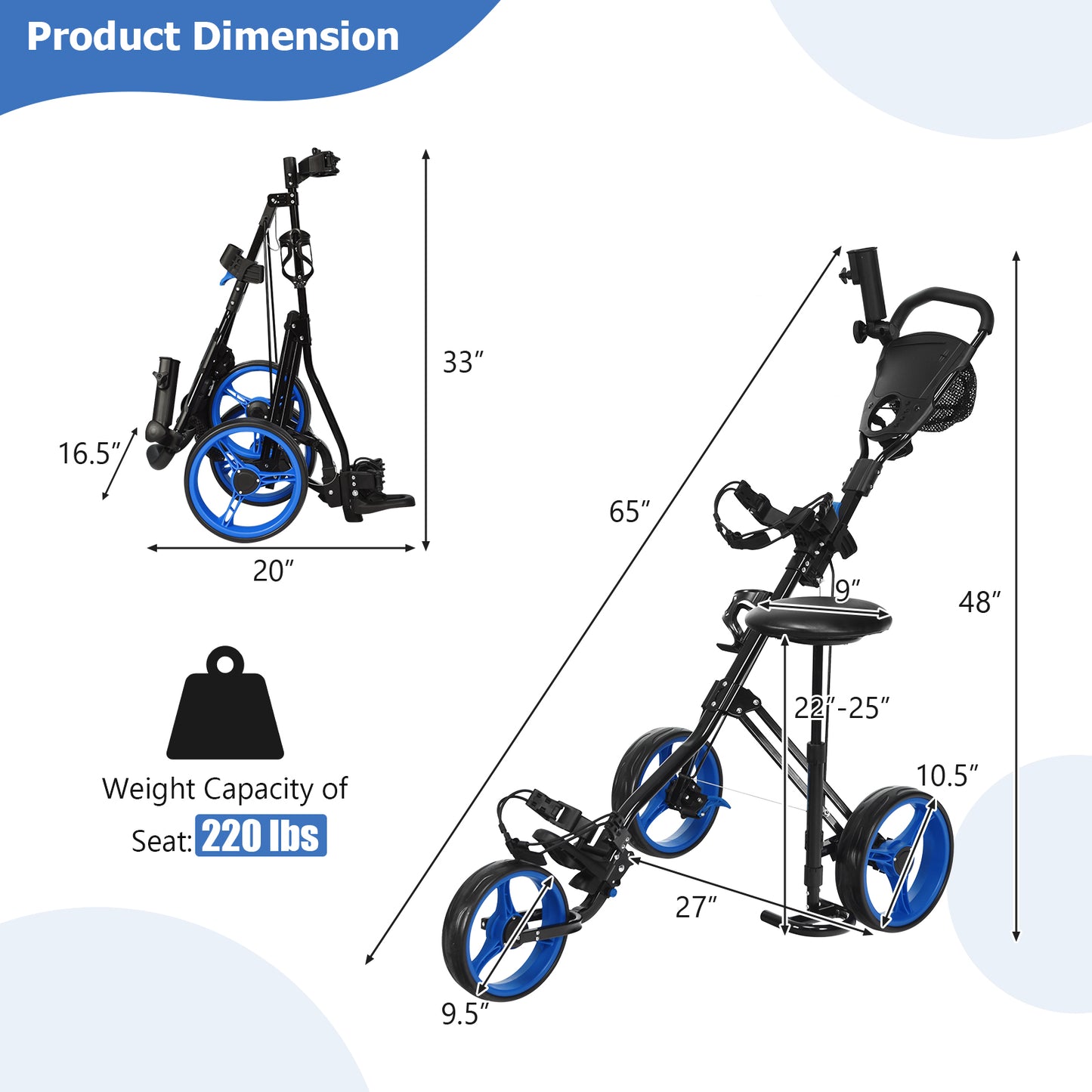 Foldable 3 Wheels Push Pull Golf Trolley with Scoreboard Bag-Navy Kids Crystal