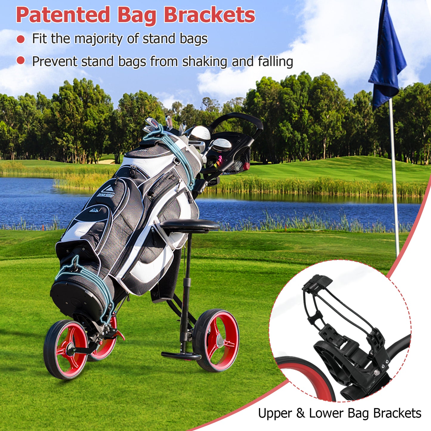 Foldable 3 Wheels Push Pull Golf Trolley with Scoreboard Bag-Red Kids Crystal