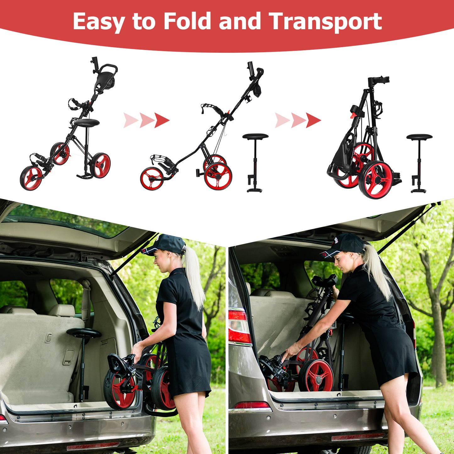 Foldable 3 Wheels Push Pull Golf Trolley with Scoreboard Bag-Red Kids Crystal