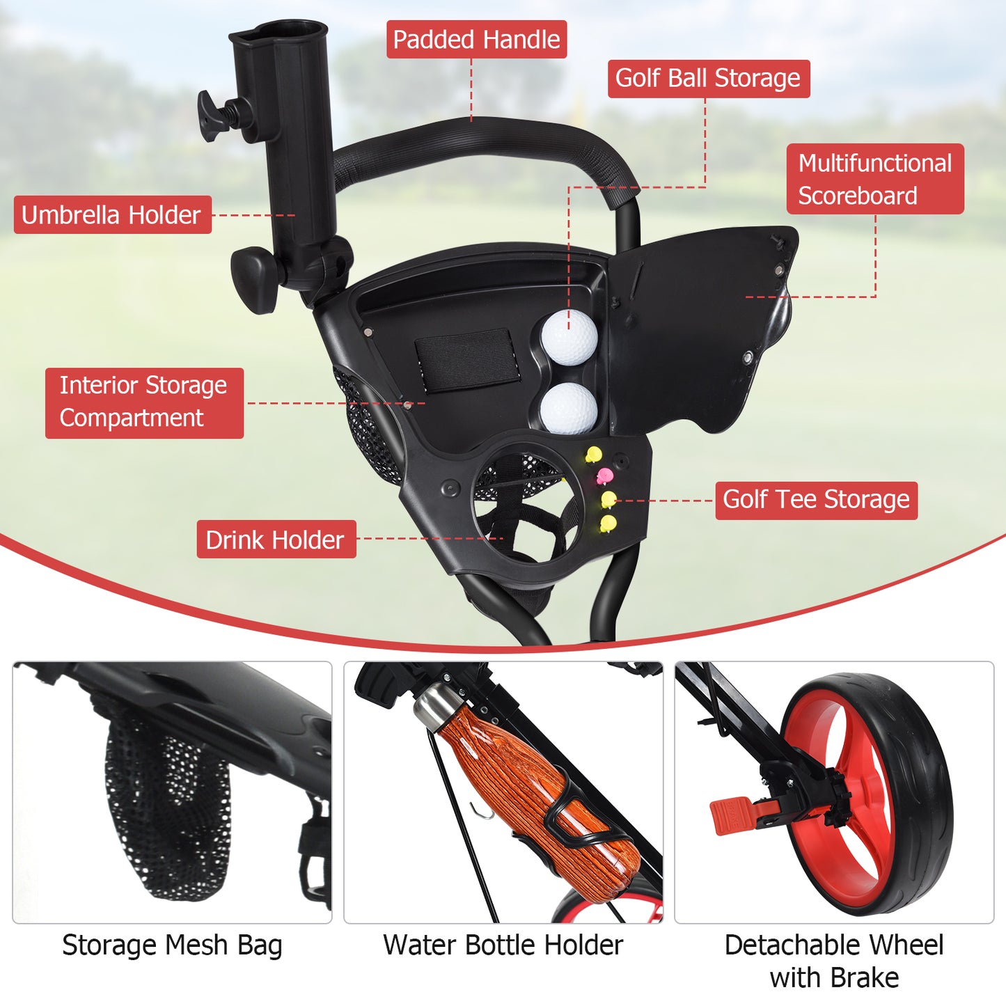 Foldable 3 Wheels Push Pull Golf Trolley with Scoreboard Bag-Red Kids Crystal