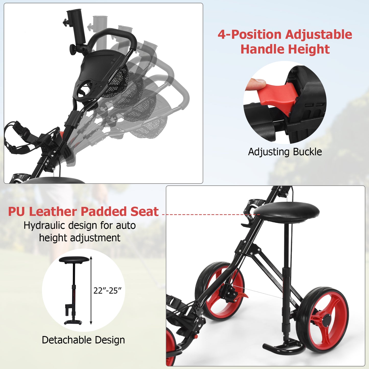 Foldable 3 Wheels Push Pull Golf Trolley with Scoreboard Bag-Red Kids Crystal