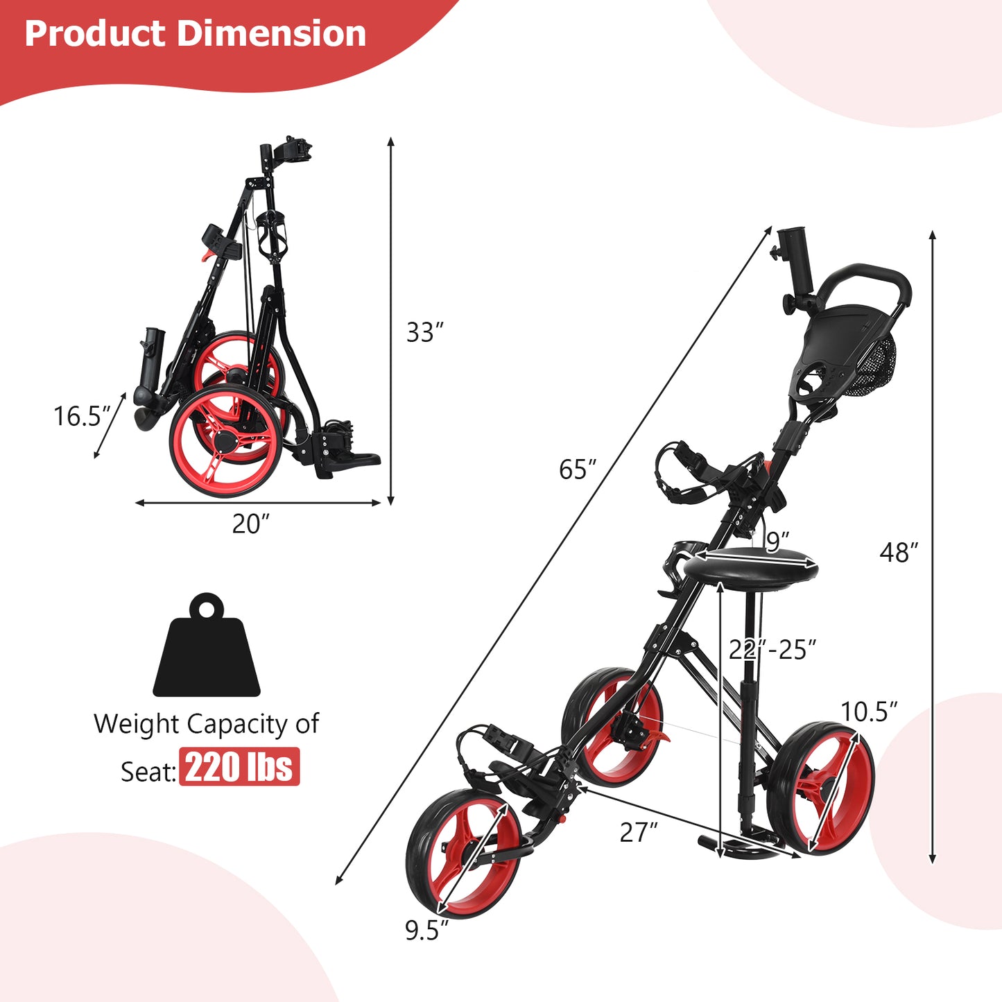 Foldable 3 Wheels Push Pull Golf Trolley with Scoreboard Bag-Red Kids Crystal