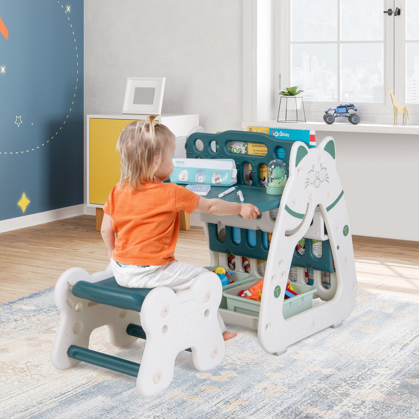 3-In-1 Double Sided Magnetic Dry-Erase Board with Stool and Flipped Writing Desktop-Green Kids Crystal