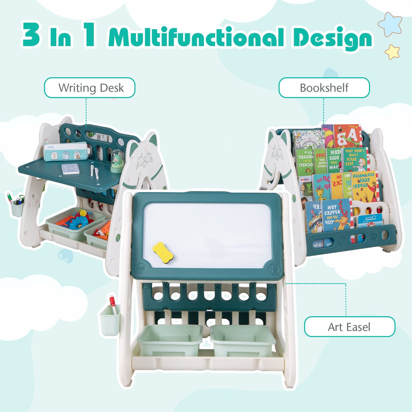 3-In-1 Double Sided Magnetic Dry-Erase Board with Stool and Flipped Writing Desktop-Green Kids Crystal