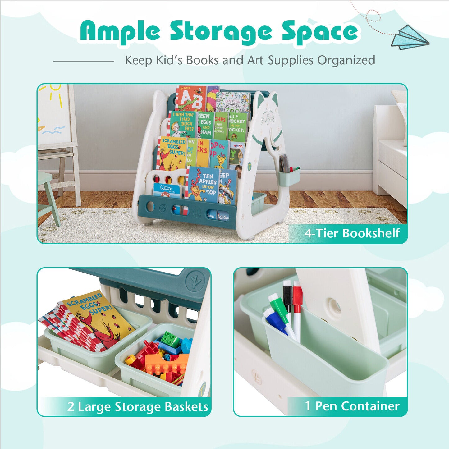 3-In-1 Double Sided Magnetic Dry-Erase Board with Stool and Flipped Writing Desktop-Green Kids Crystal