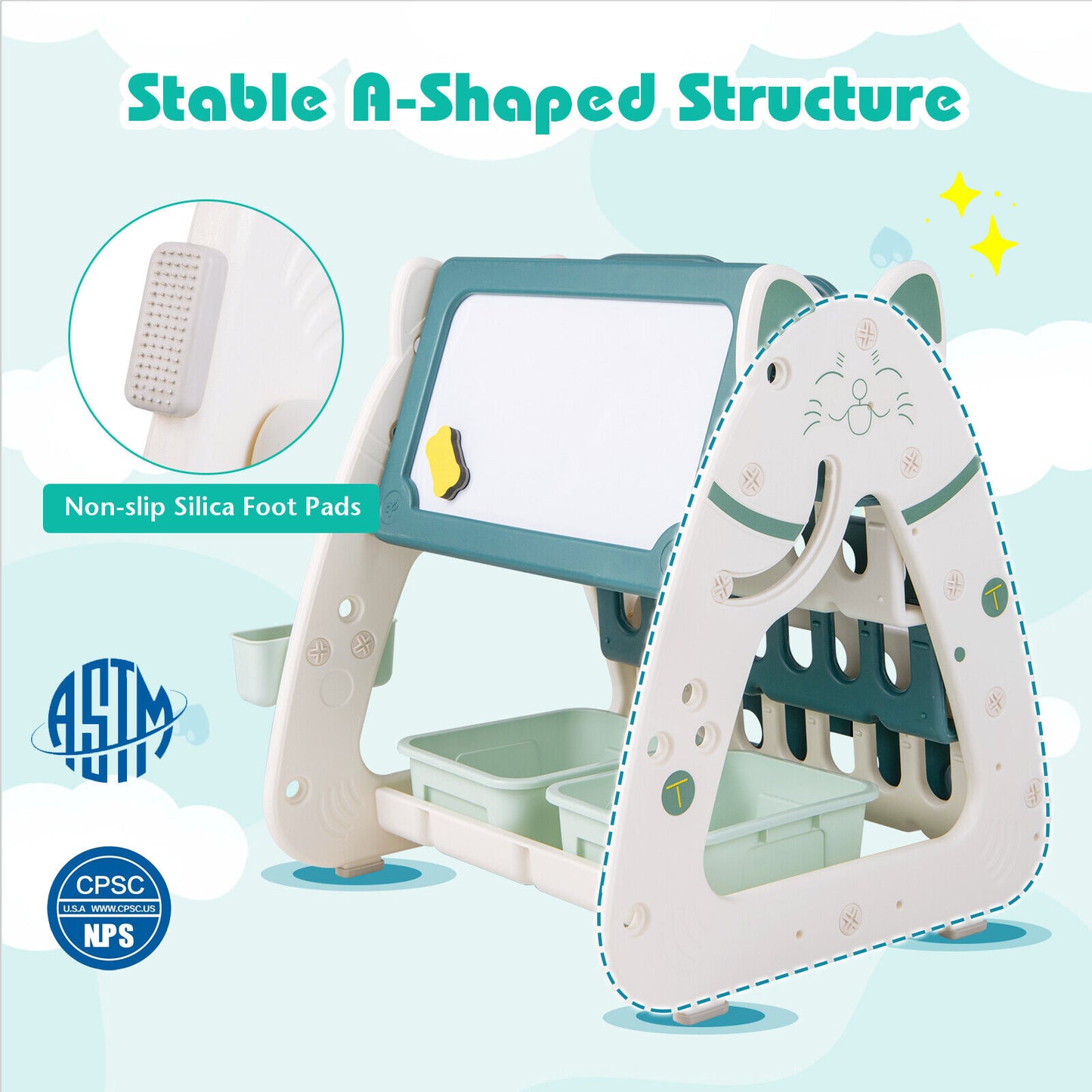 3-In-1 Double Sided Magnetic Dry-Erase Board with Stool and Flipped Writing Desktop-Green Kids Crystal