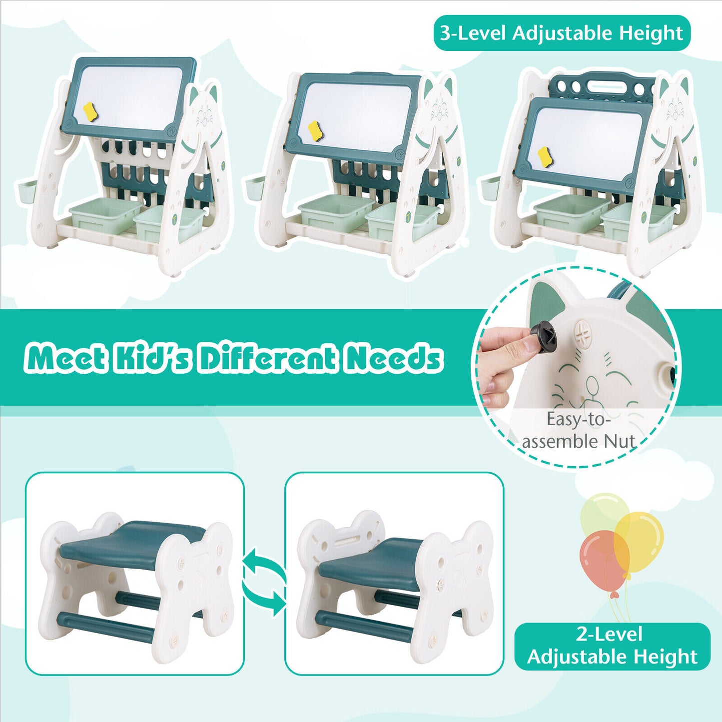 3-In-1 Double Sided Magnetic Dry-Erase Board with Stool and Flipped Writing Desktop-Green Kids Crystal