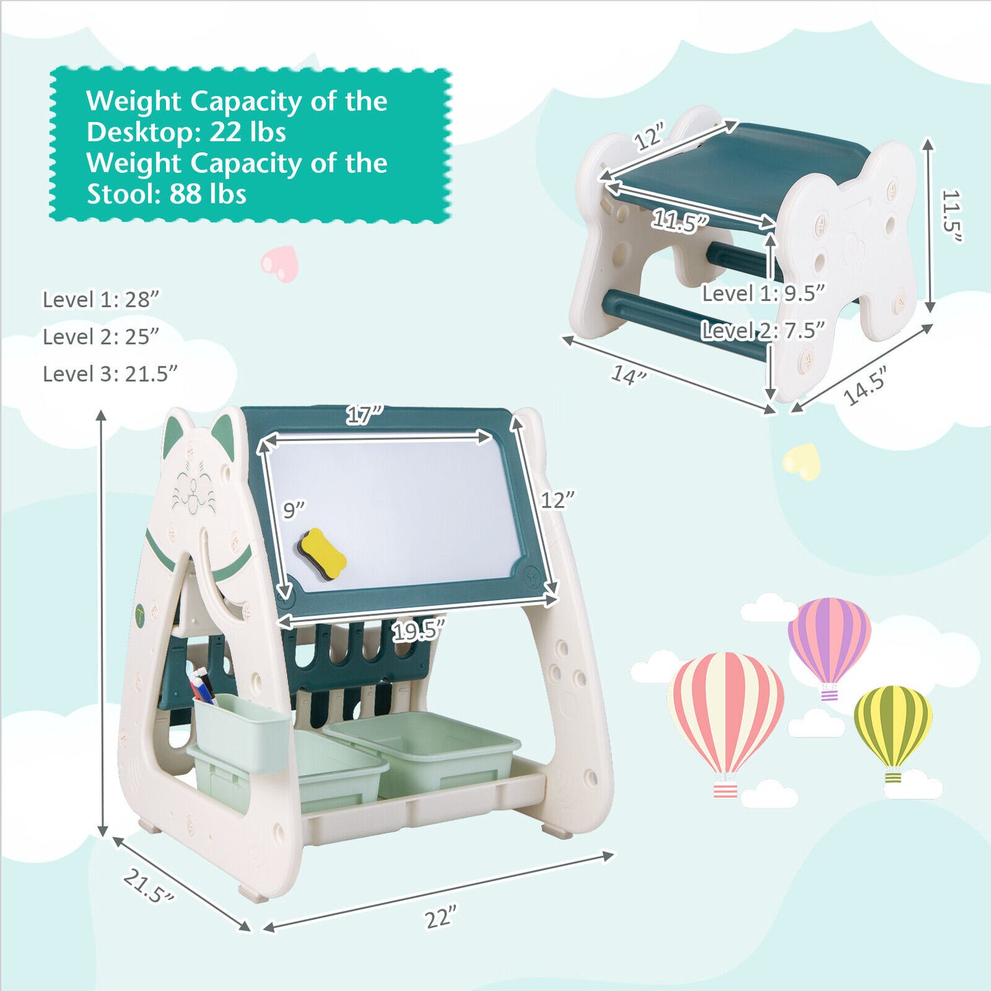 3-In-1 Double Sided Magnetic Dry-Erase Board with Stool and Flipped Writing Desktop-Green Kids Crystal