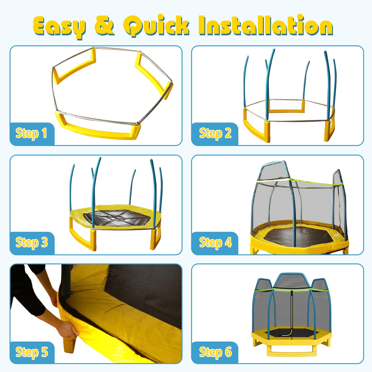 7 ft Kids Trampoline W/ Safety Enclosure Net-Yellow Kids Crystal