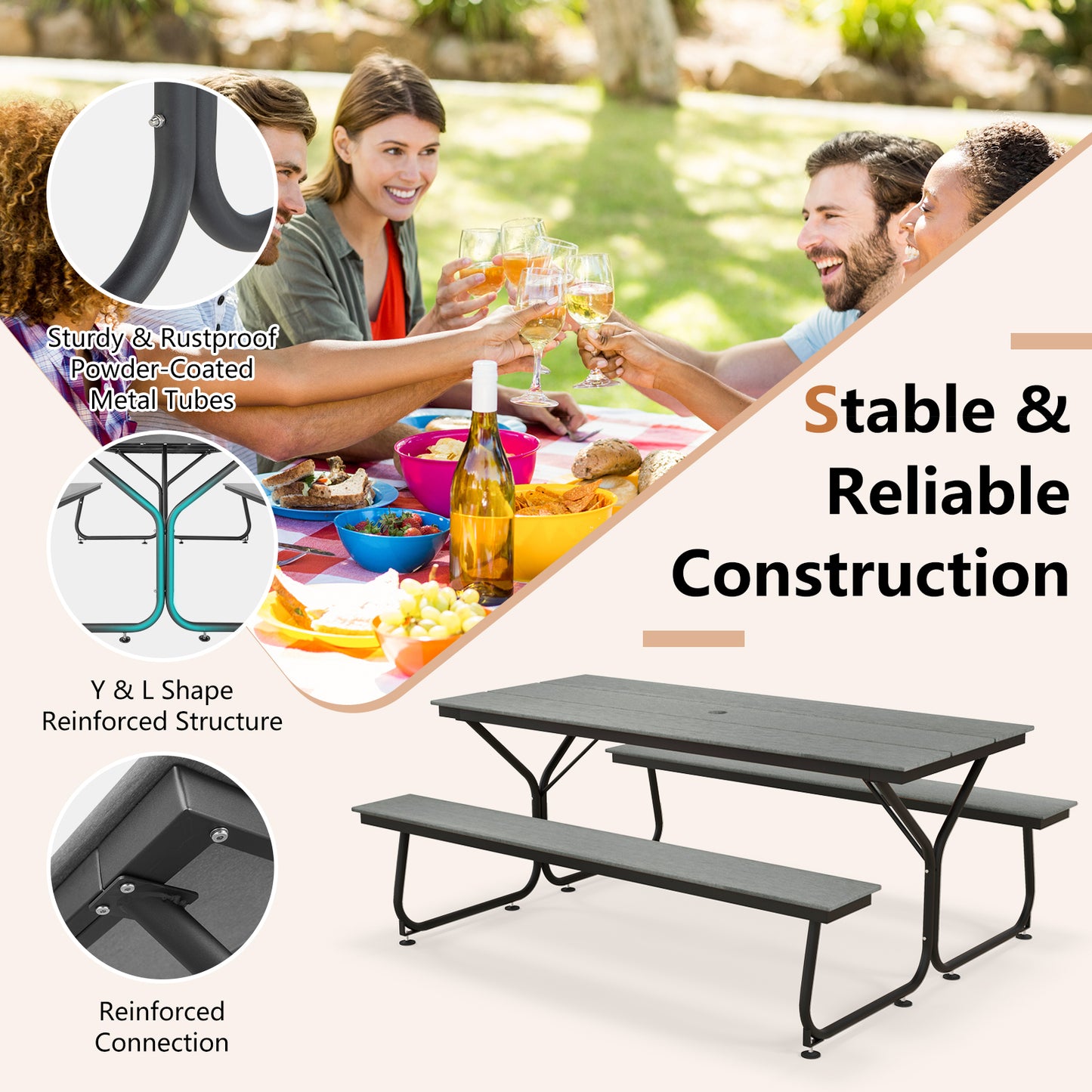 6 Feet Outdoor Picnic Table Bench Set for 6-8 People-Gray