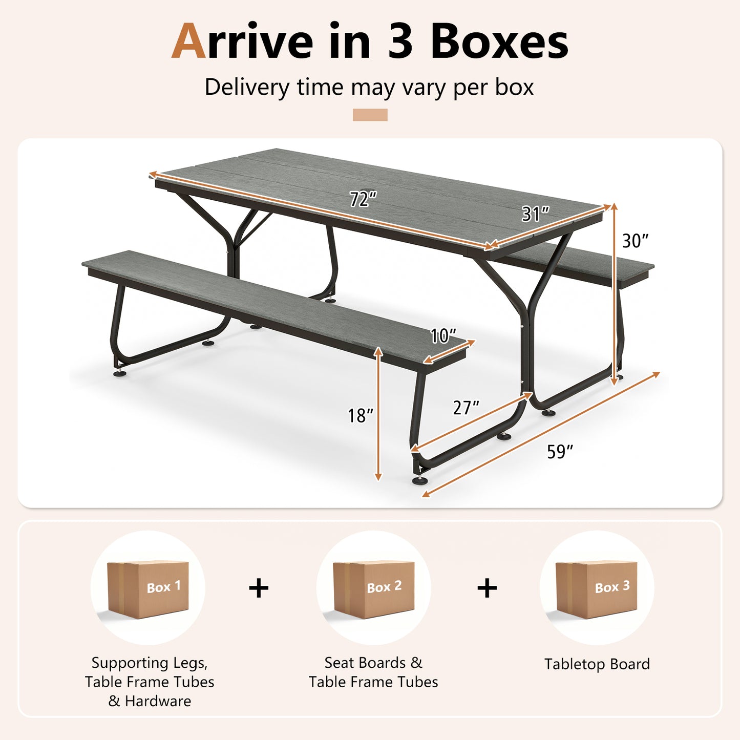 6 Feet Outdoor Picnic Table Bench Set for 6-8 People-Gray