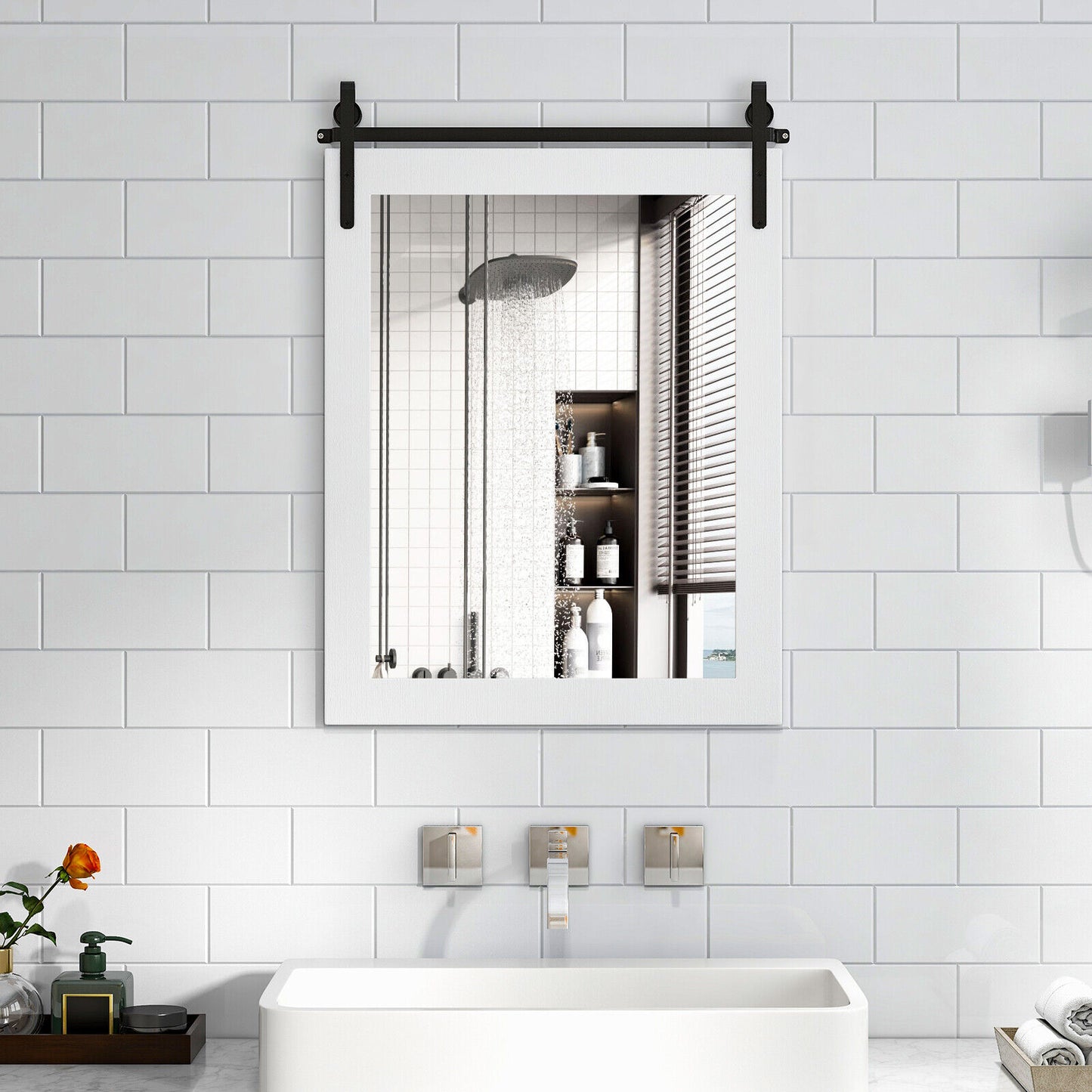 30 x 22 Inch Wall Mount Mirror with Wood Frame-White Kids Crystal