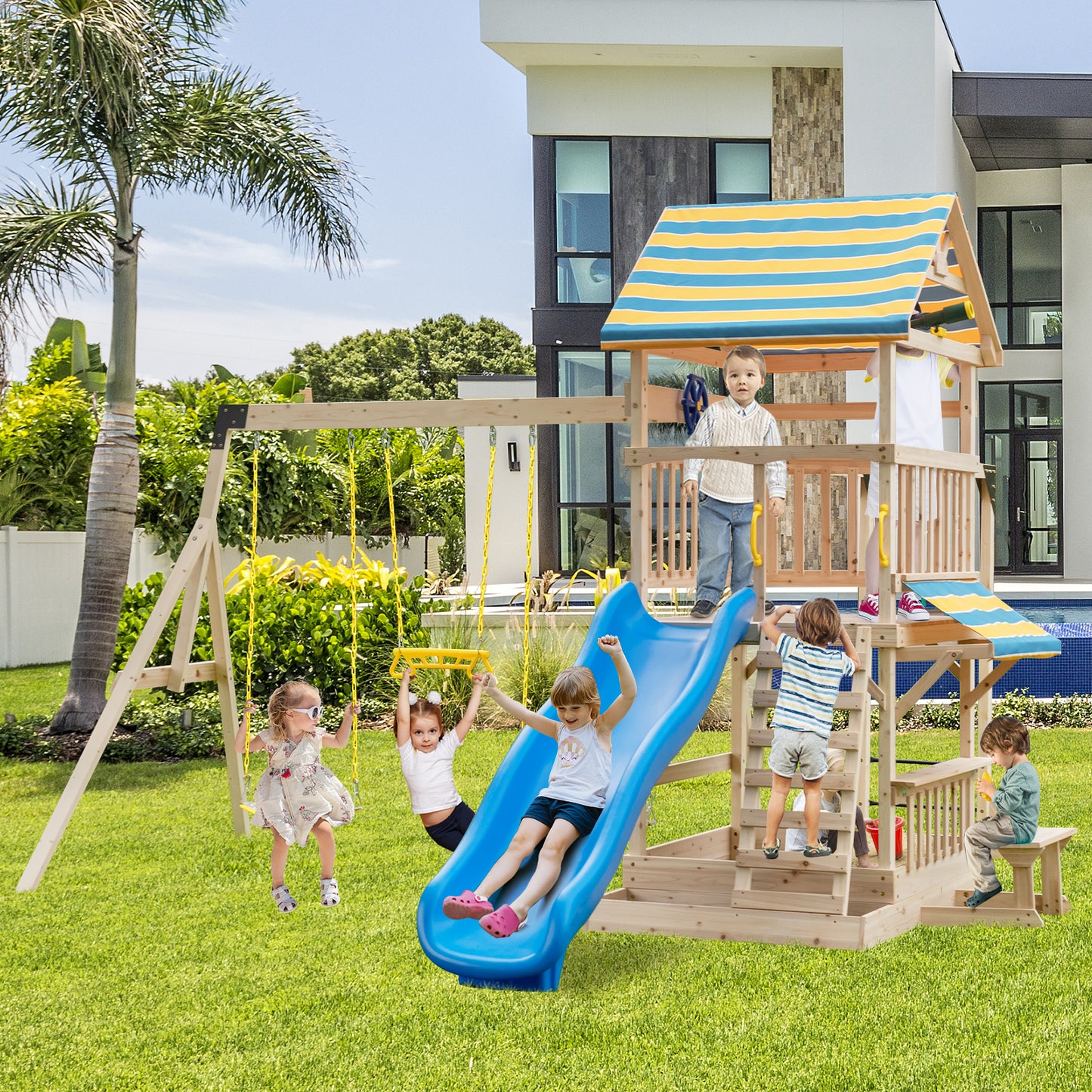 Wooden Swing Set with Large Upper Deck Slide and Steering Wheel Kids Crystal