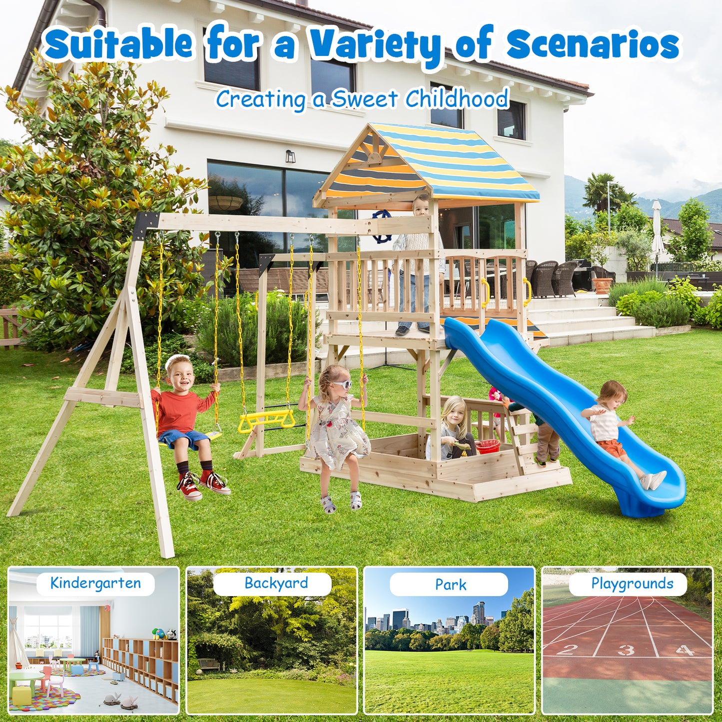 Wooden Swing Set with Large Upper Deck Slide and Steering Wheel Kids Crystal