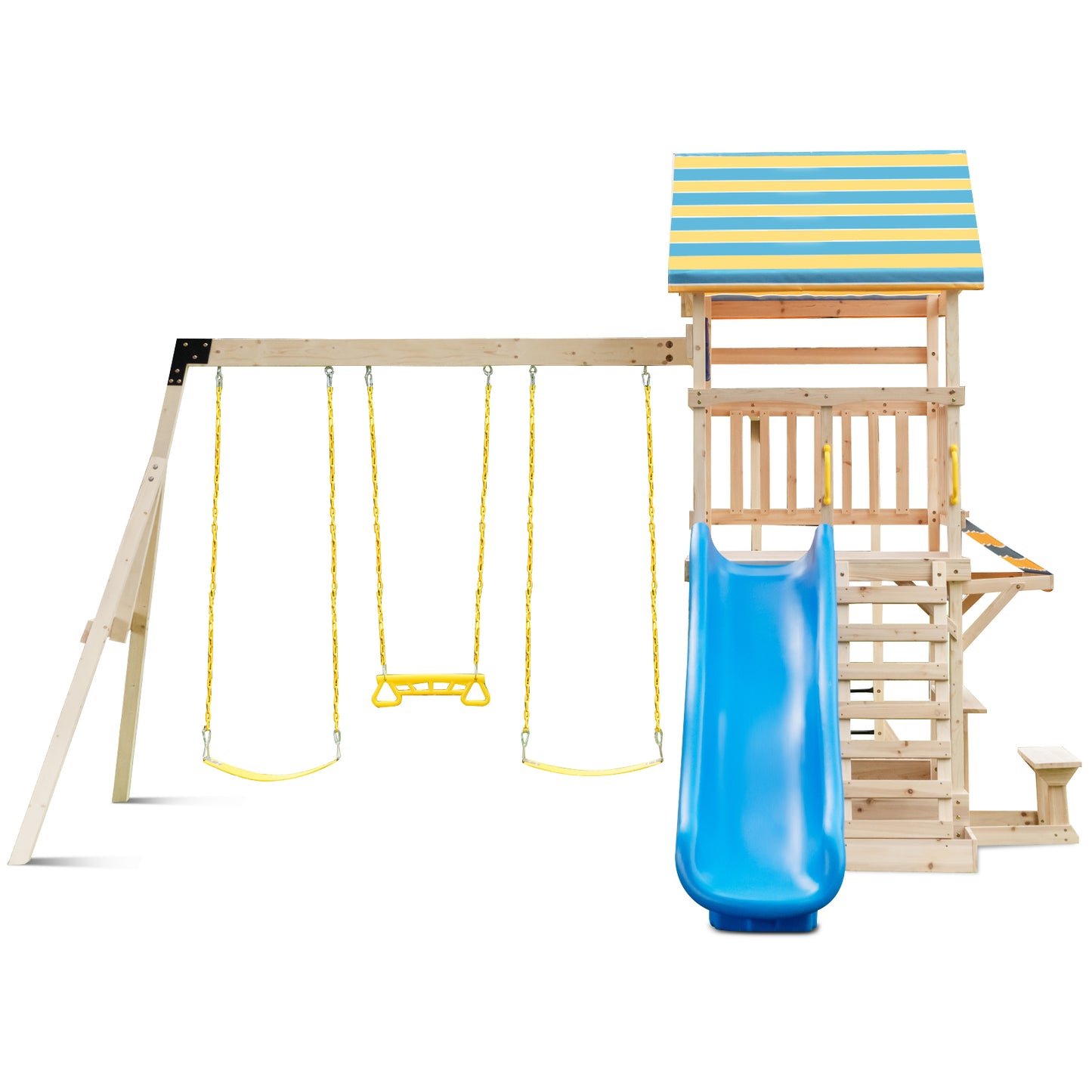Wooden Swing Set with Large Upper Deck Slide and Steering Wheel Kids Crystal
