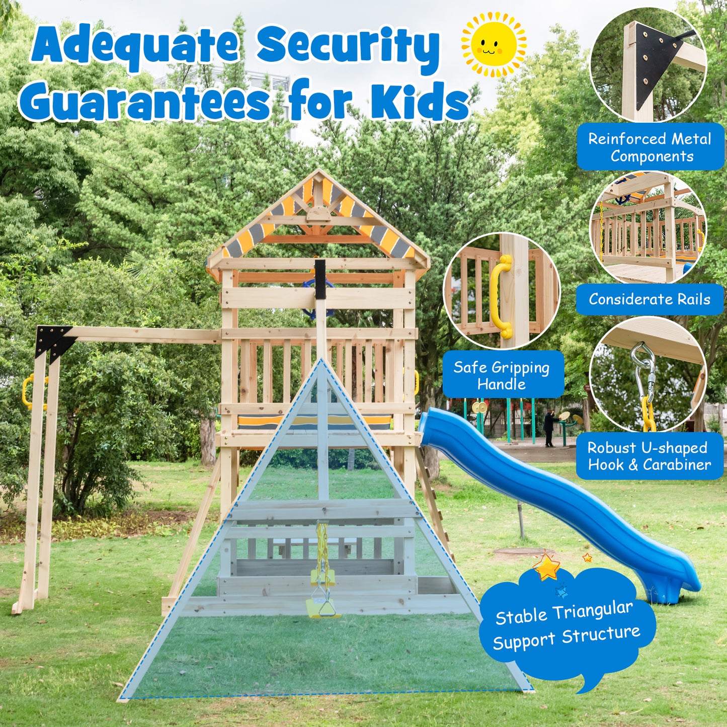 Wooden Swing Set with Large Upper Deck Slide and Steering Wheel Kids Crystal