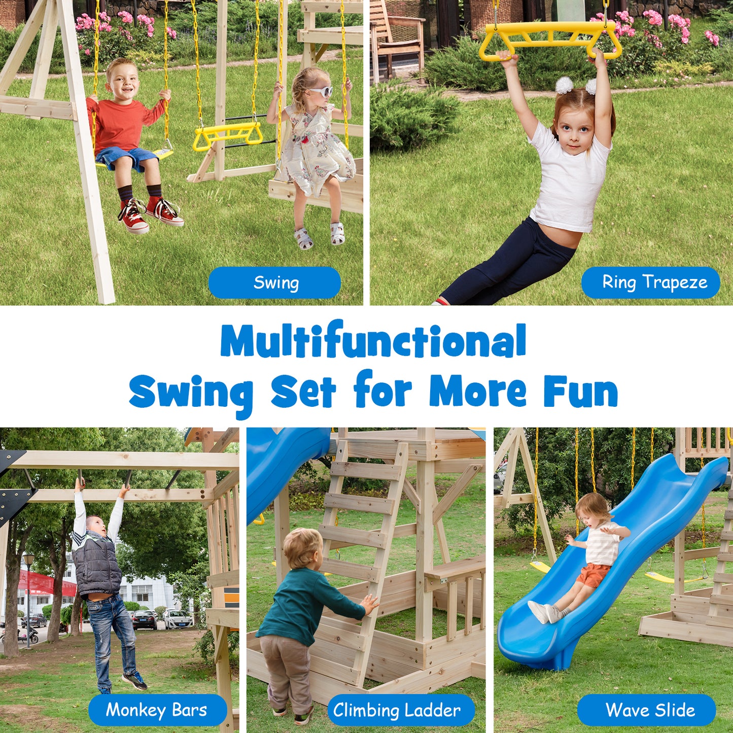 Wooden Swing Set with Large Upper Deck Slide and Steering Wheel Kids Crystal