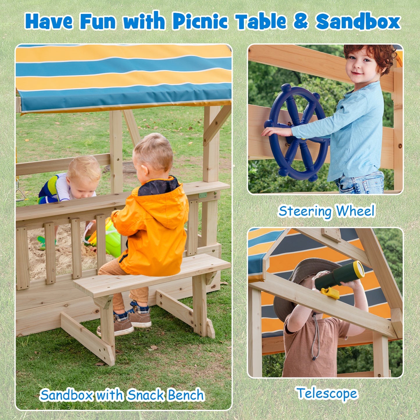 Wooden Swing Set with Large Upper Deck Slide and Steering Wheel Kids Crystal