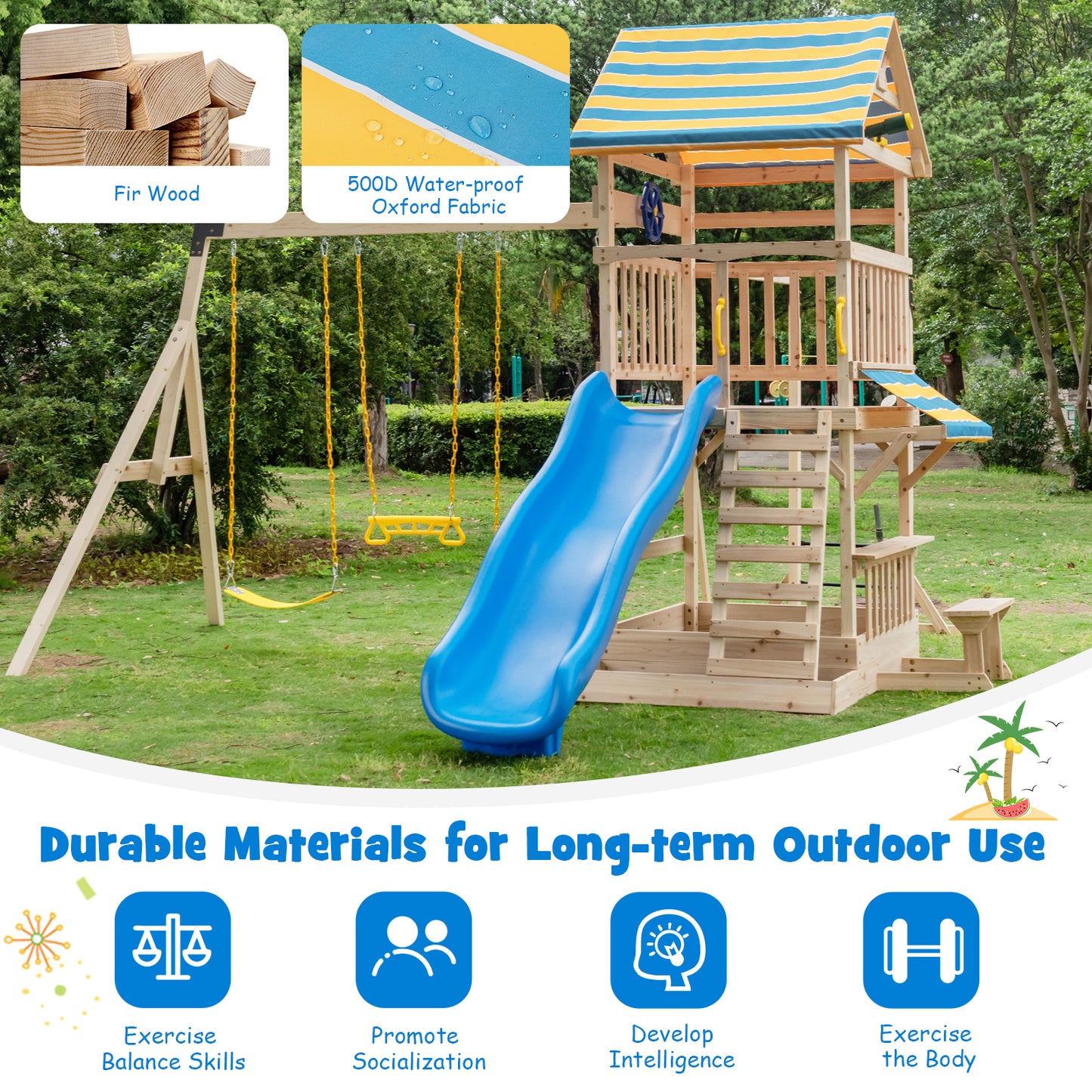 Wooden Swing Set with Large Upper Deck Slide and Steering Wheel Kids Crystal