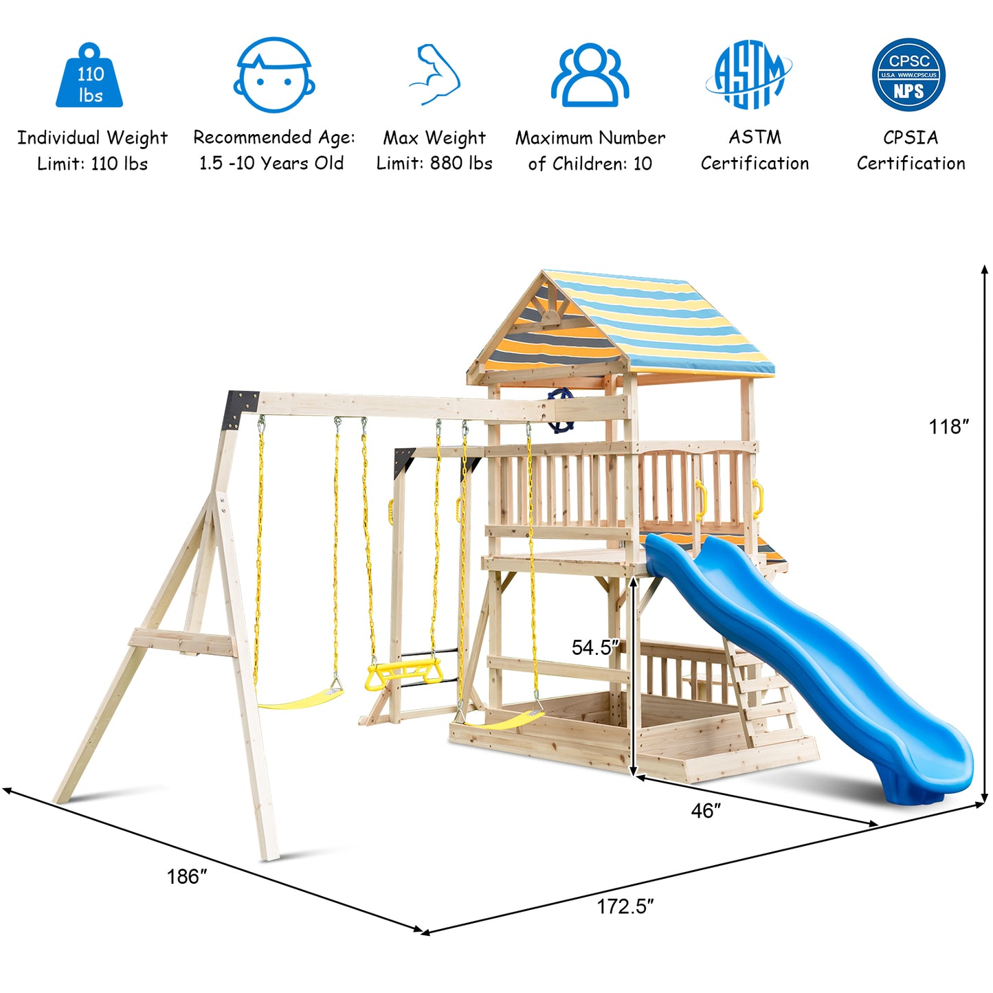 Wooden Swing Set with Large Upper Deck Slide and Steering Wheel Kids Crystal