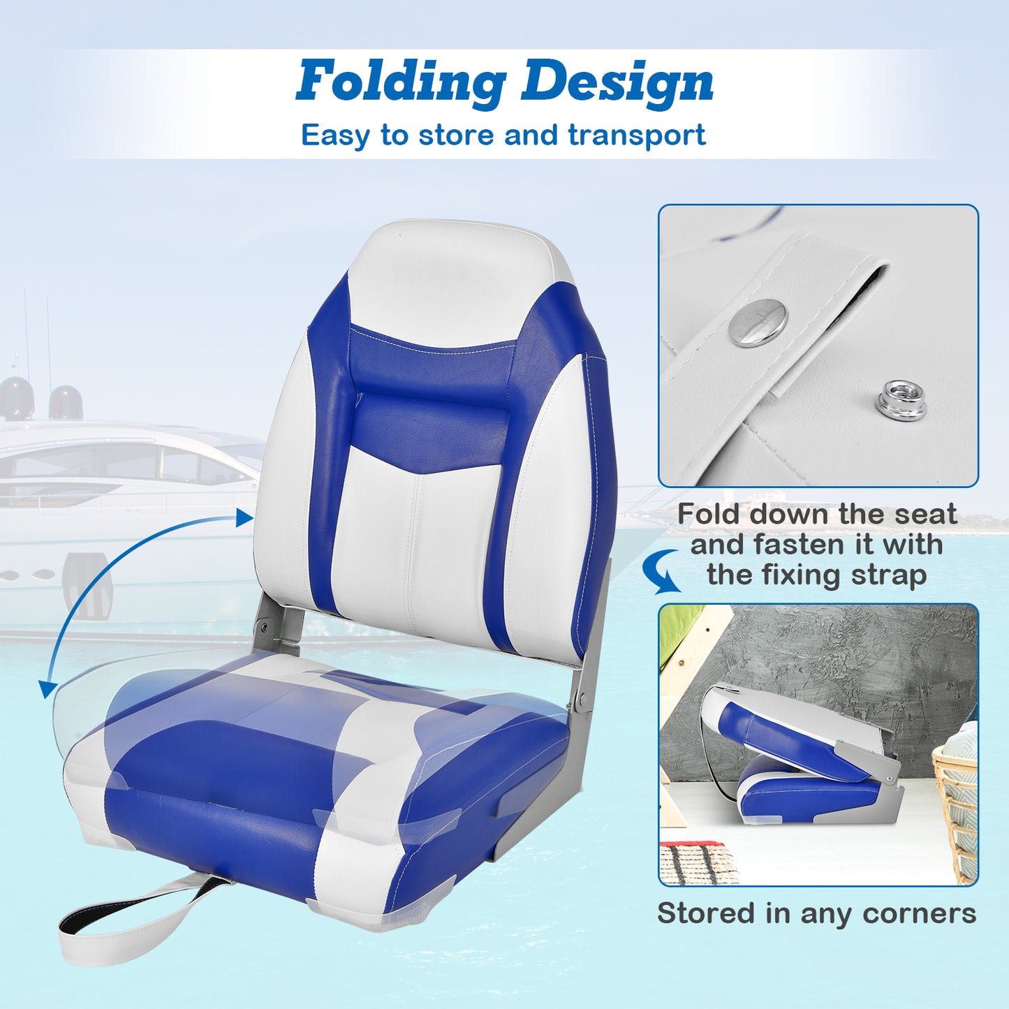 High Back Folding Boat Seats with Blue White Sponge Cushion and Flexible Hinges-Blue Kids Crystal
