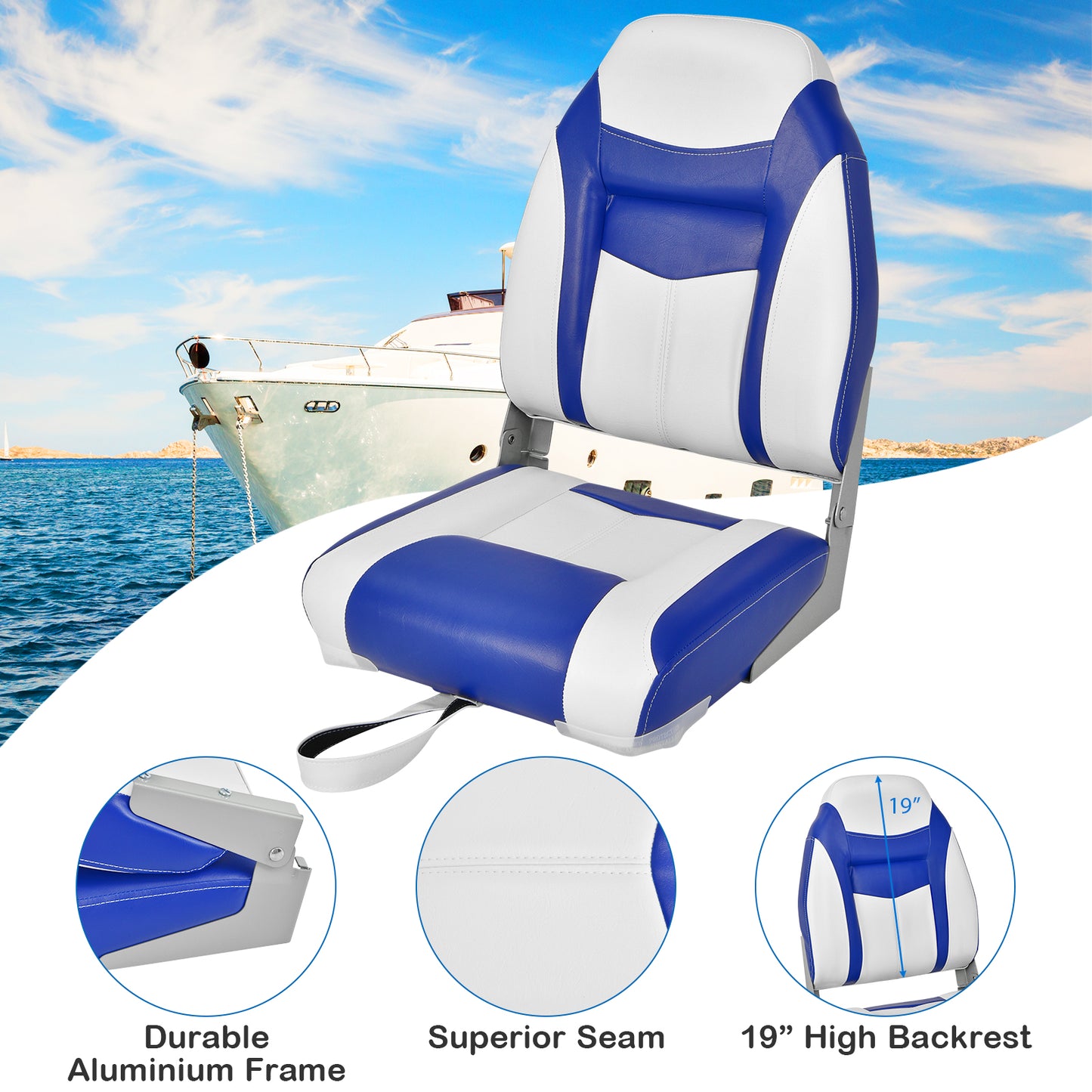 High Back Folding Boat Seats with Blue White Sponge Cushion and Flexible Hinges-Blue Kids Crystal