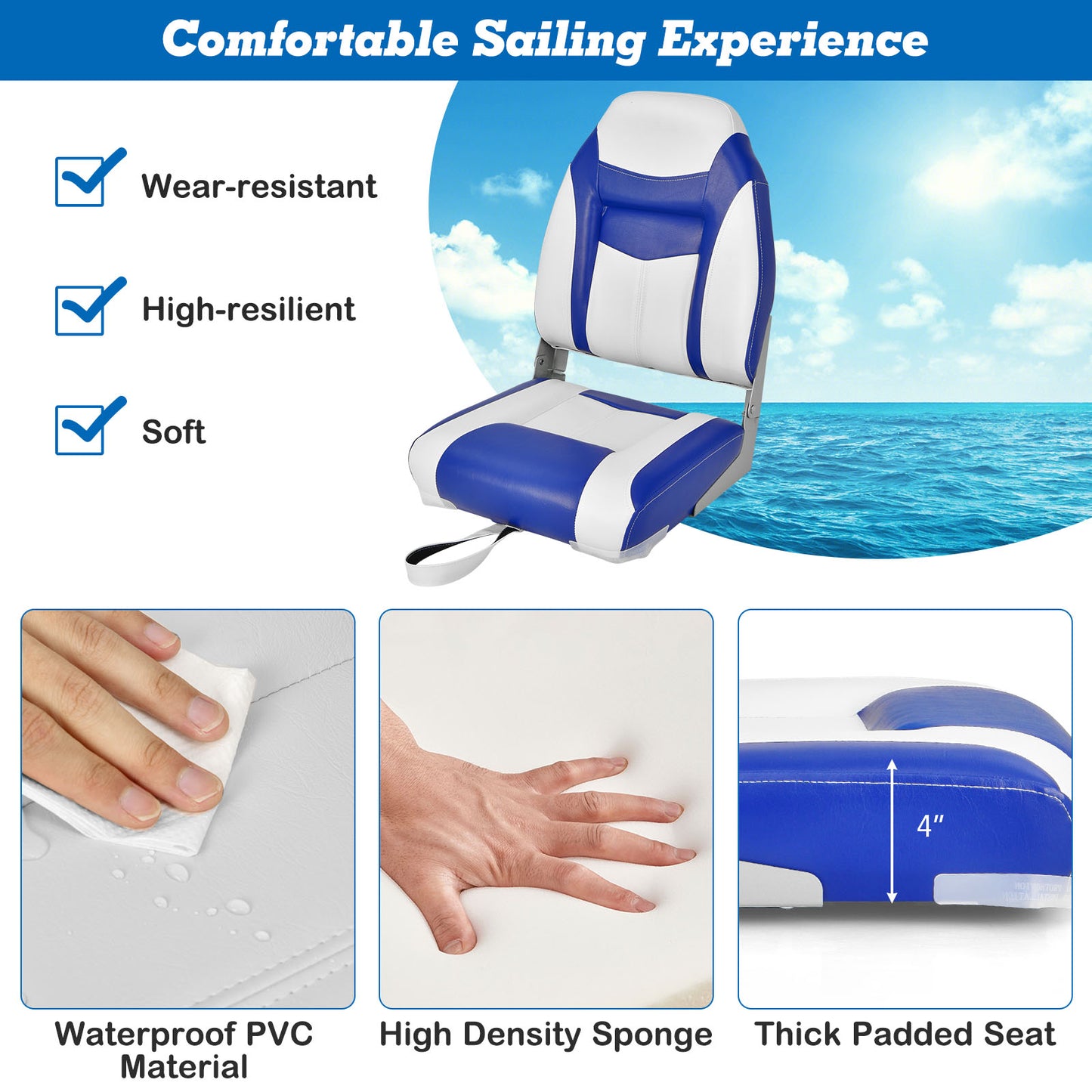 High Back Folding Boat Seats with Blue White Sponge Cushion and Flexible Hinges-Blue Kids Crystal
