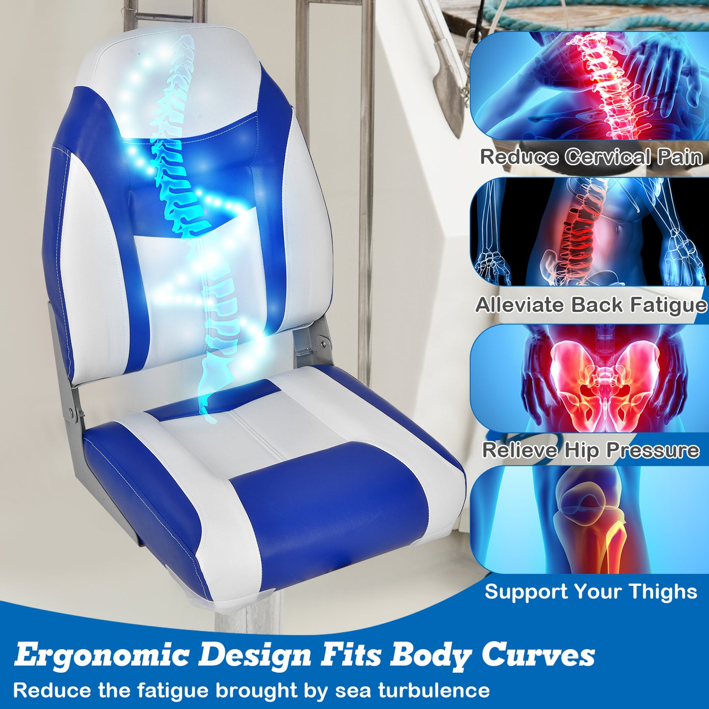 High Back Folding Boat Seats with Blue White Sponge Cushion and Flexible Hinges-Blue Kids Crystal