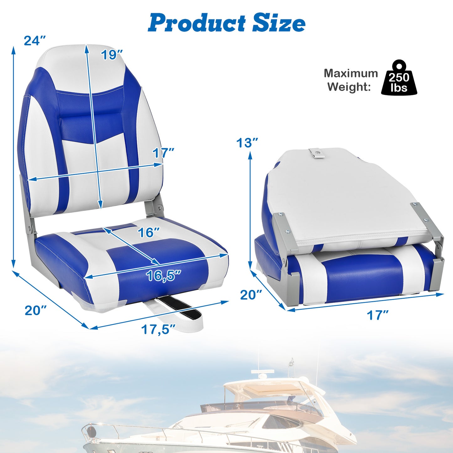 High Back Folding Boat Seats with Blue White Sponge Cushion and Flexible Hinges-Blue Kids Crystal