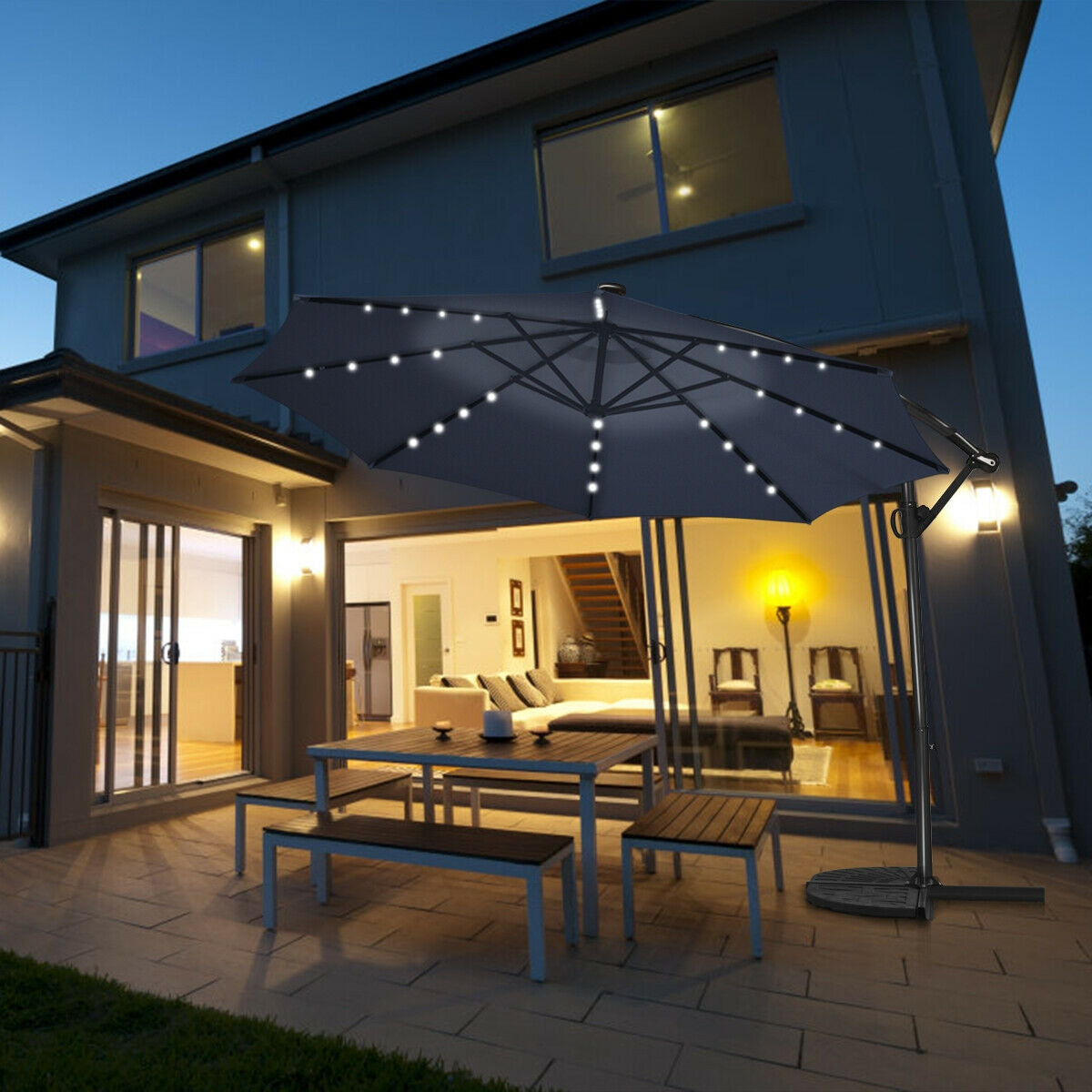 10 FT 360° Rotation Solar Powered LED Patio Offset Umbrella without Weight Base-Navy Kids Crystal