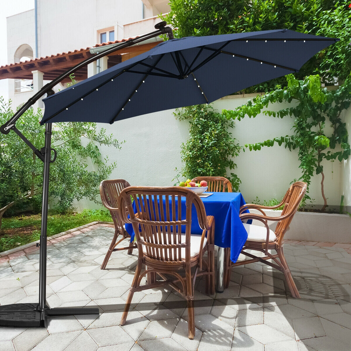 10 FT 360° Rotation Solar Powered LED Patio Offset Umbrella without Weight Base-Navy Kids Crystal
