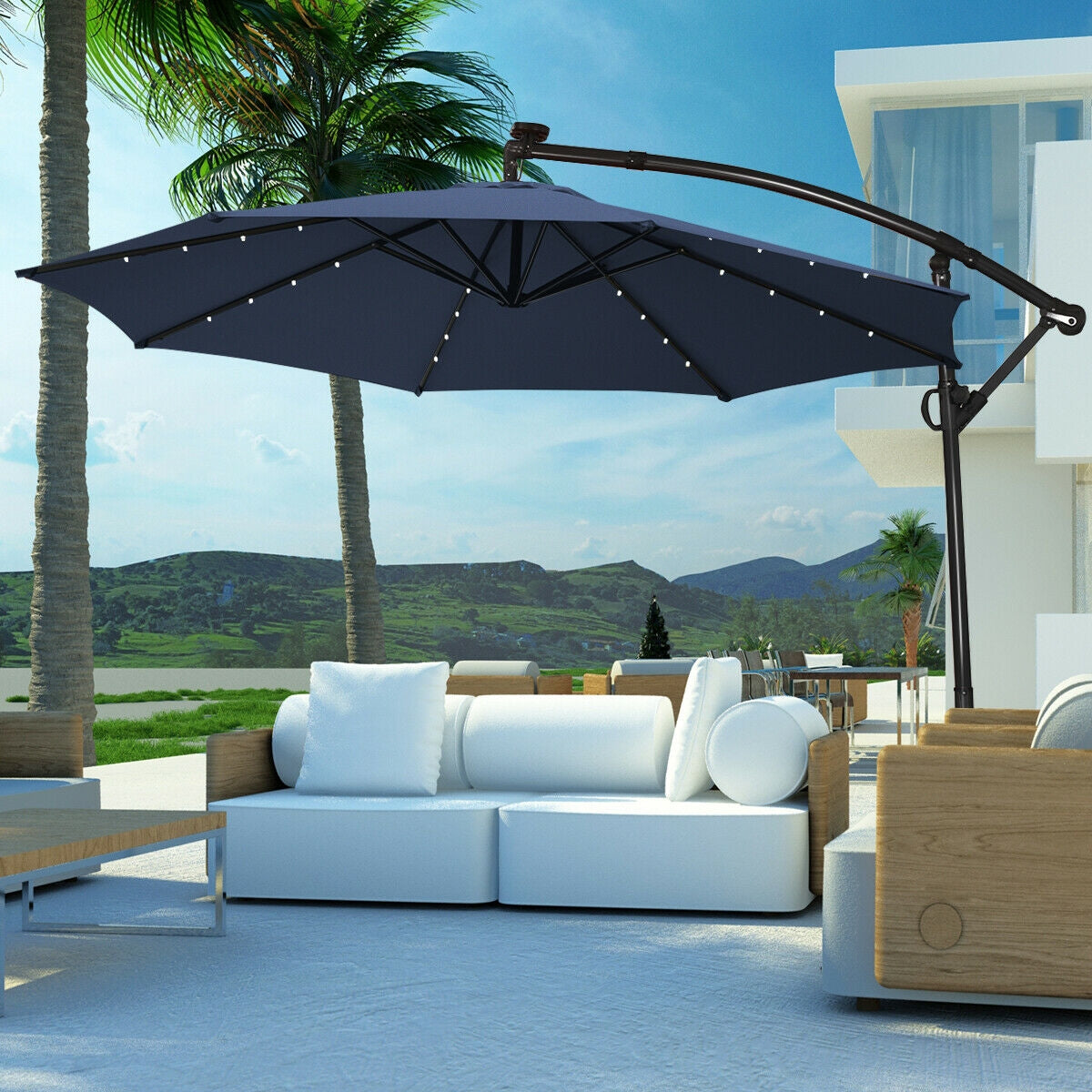 10 FT 360° Rotation Solar Powered LED Patio Offset Umbrella without Weight Base-Navy Kids Crystal