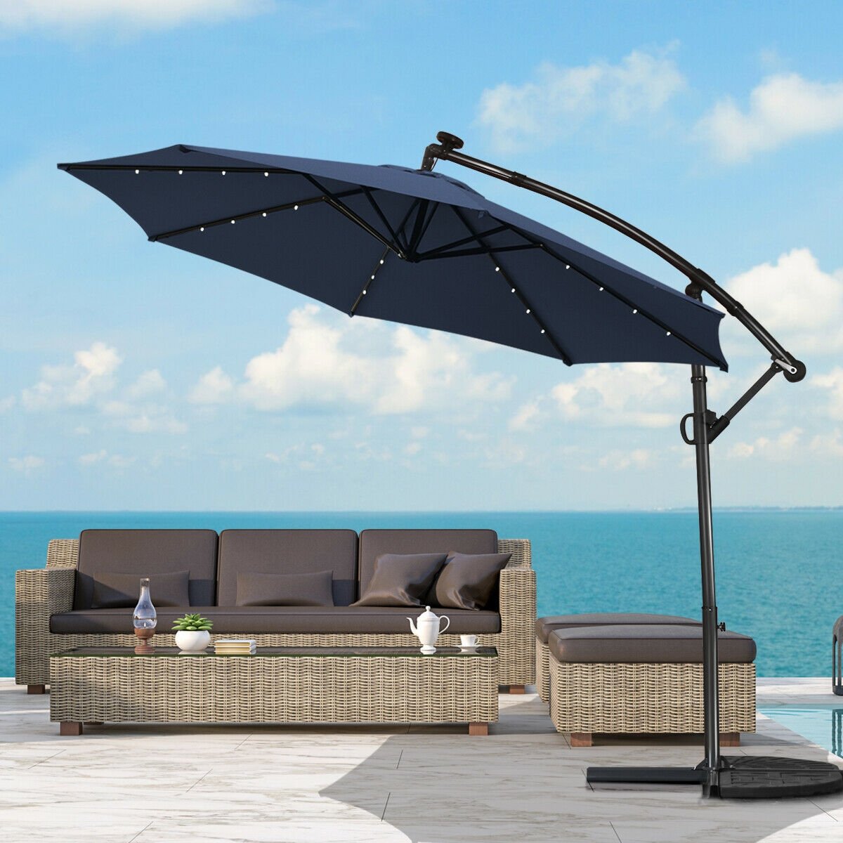 10 FT 360° Rotation Solar Powered LED Patio Offset Umbrella without Weight Base-Navy Kids Crystal