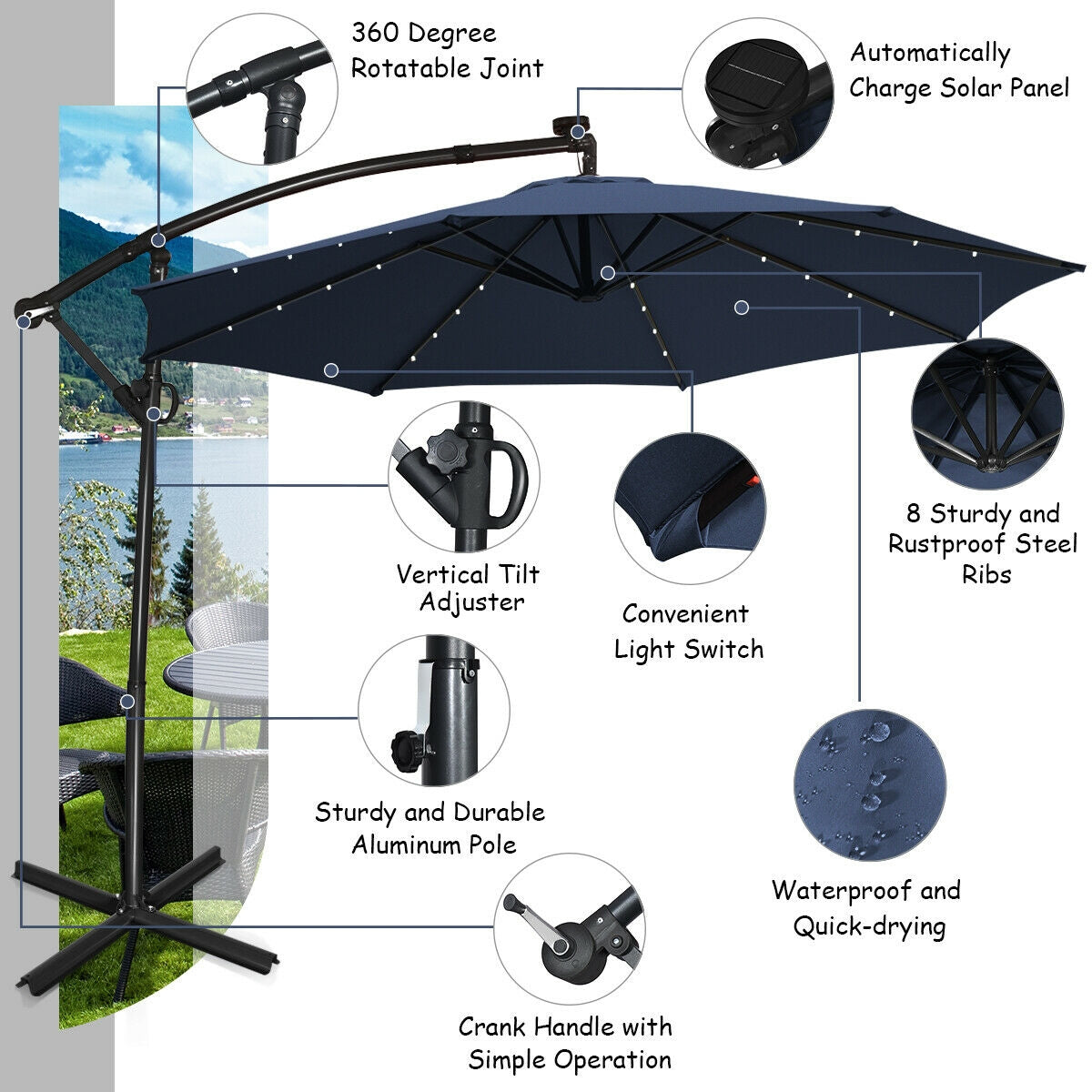 10 FT 360° Rotation Solar Powered LED Patio Offset Umbrella without Weight Base-Navy Kids Crystal