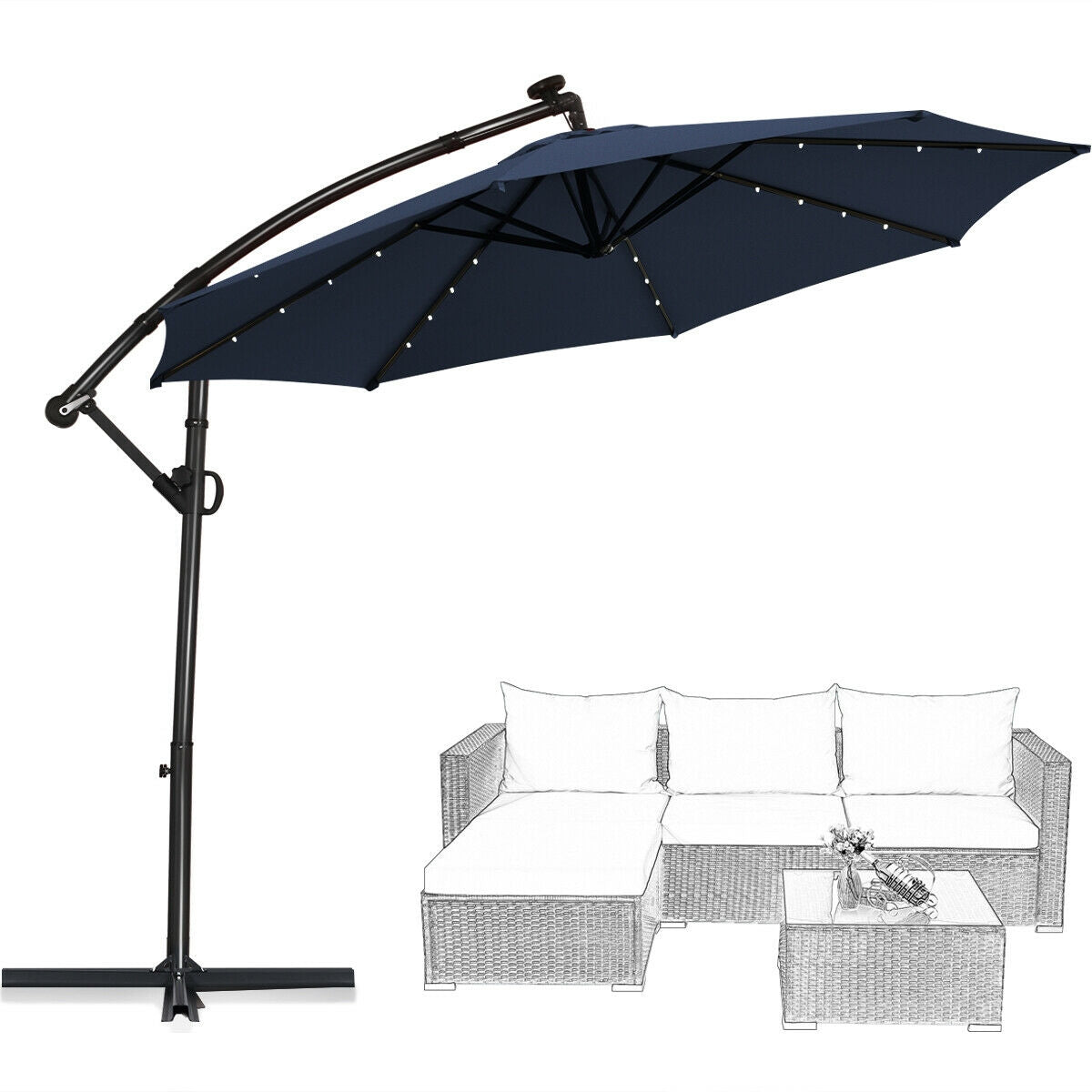 10 FT 360° Rotation Solar Powered LED Patio Offset Umbrella without Weight Base-Navy Kids Crystal