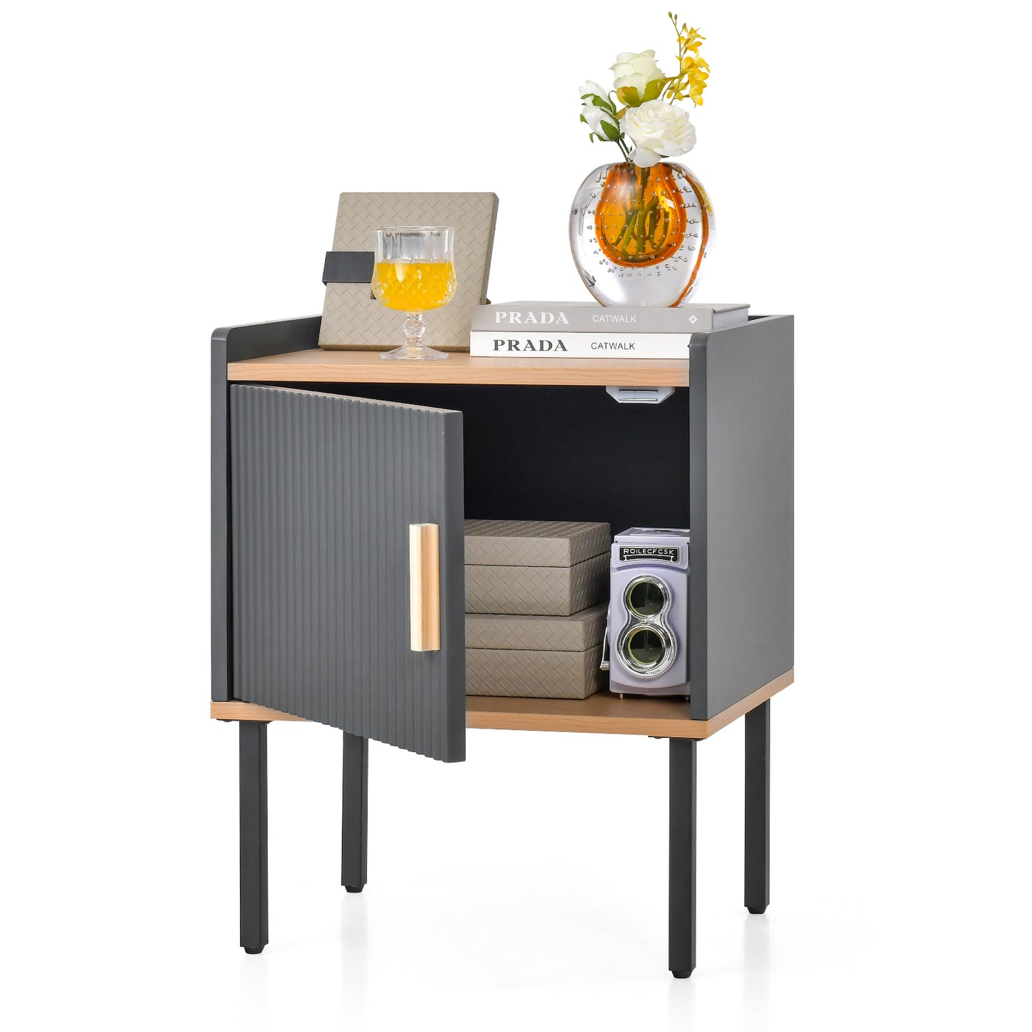 Nightstand Bedside End Table with Door Cabinet for Living Room Bedroom-Gray Kids Crystal